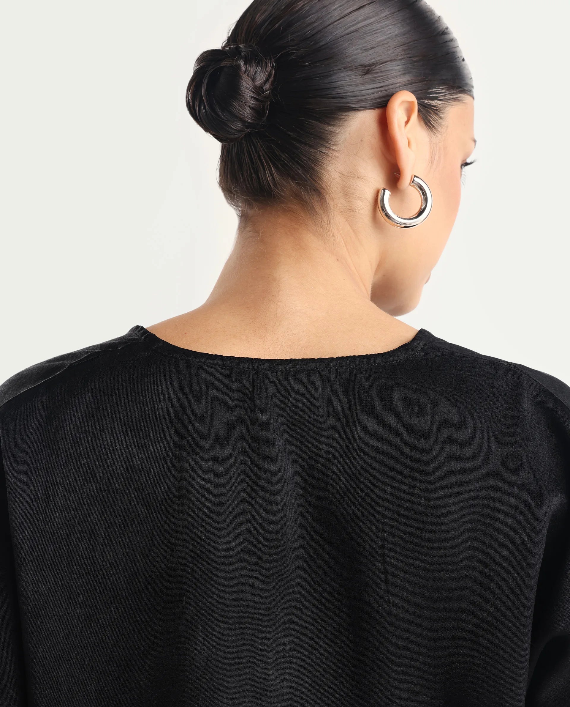 Rareism Women's Zerra Black Satin Crew Neck Plain Bishop Sleeve Relaxed Fit Top