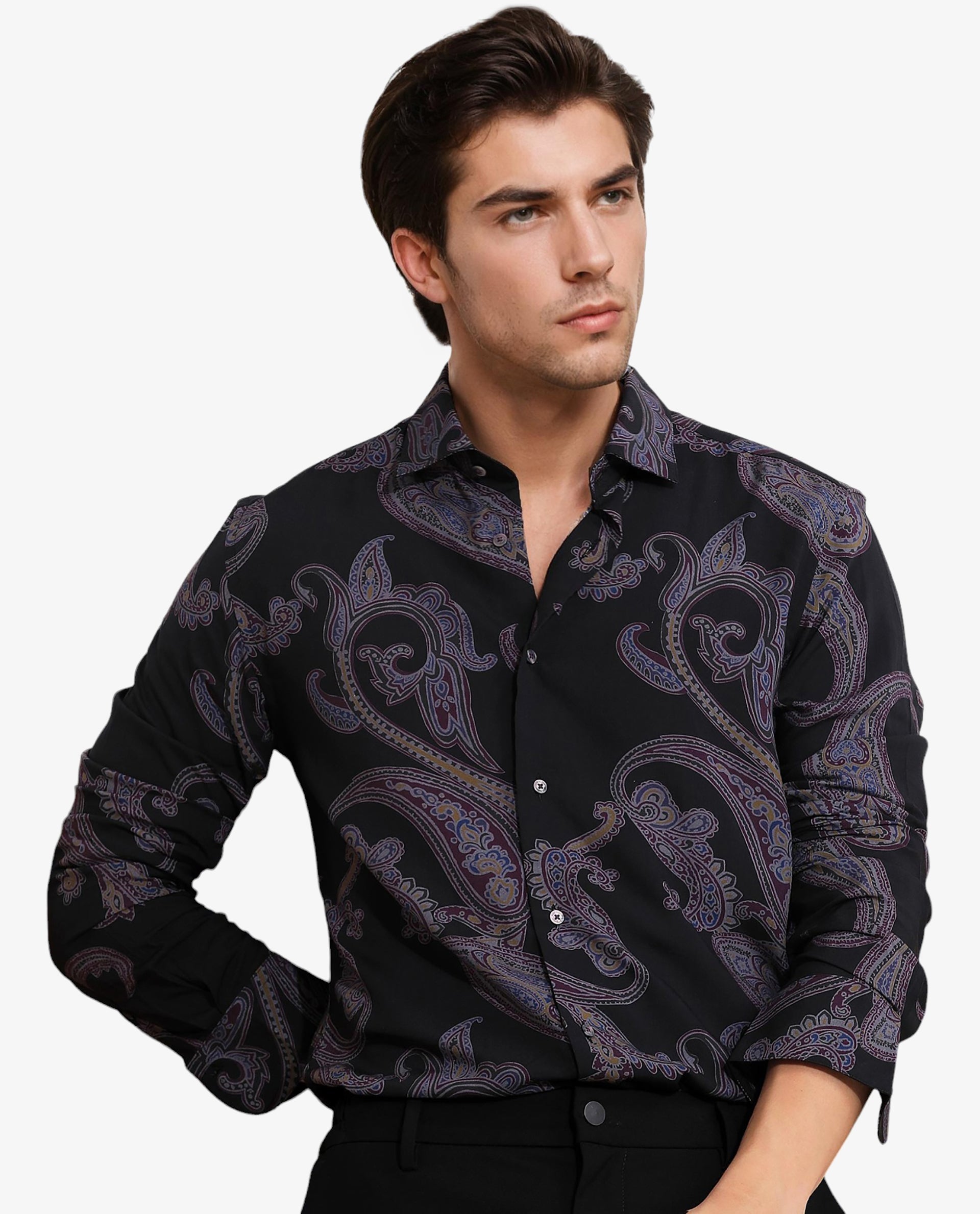 Rare Rabbit Men's Zeus Black Viscose Fabric Full Sleeves Paisley Print Shirt