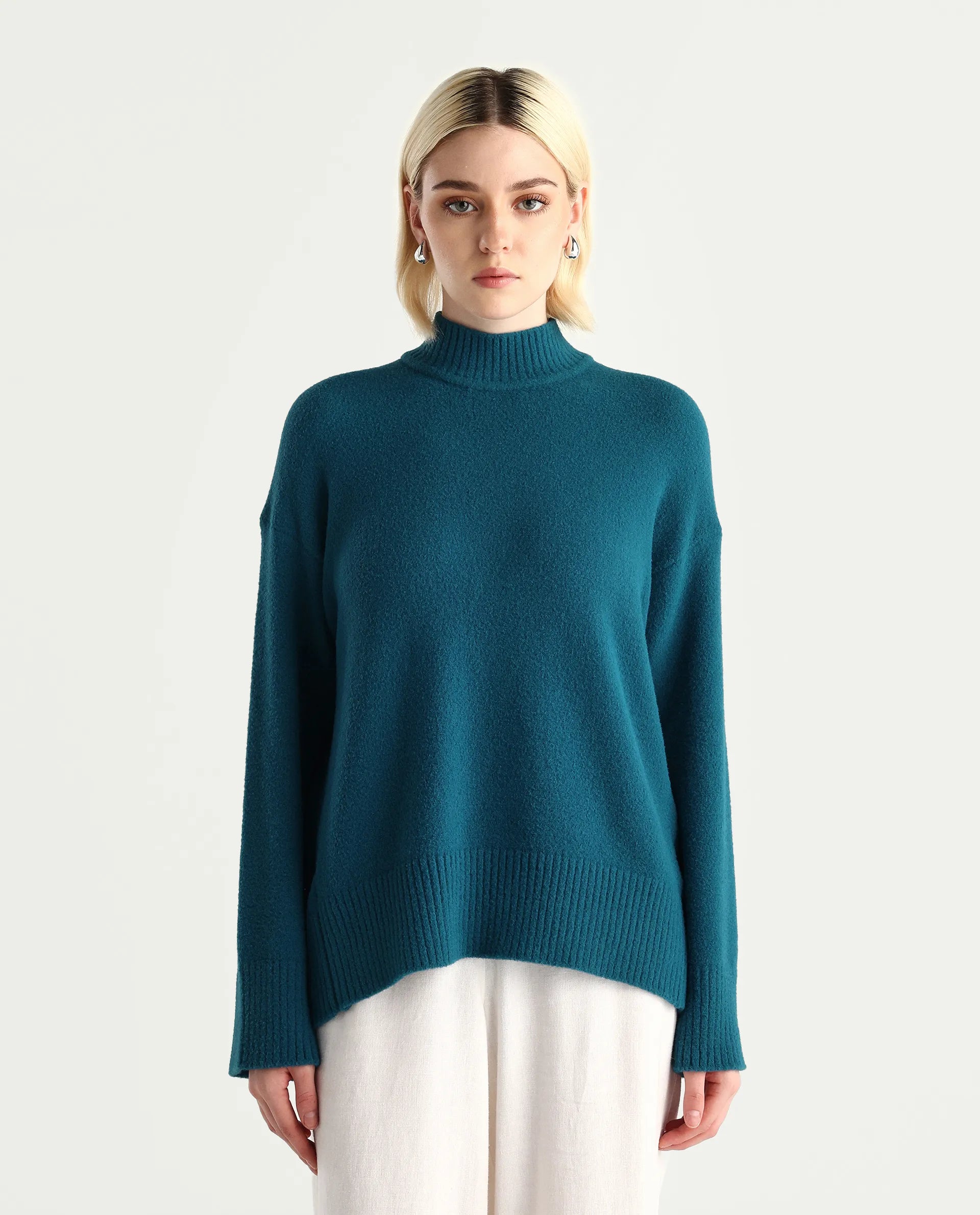 Rareism Women's Zilli Dark Petrol Nylon High Neck Oversize Fit Sweater Oversize