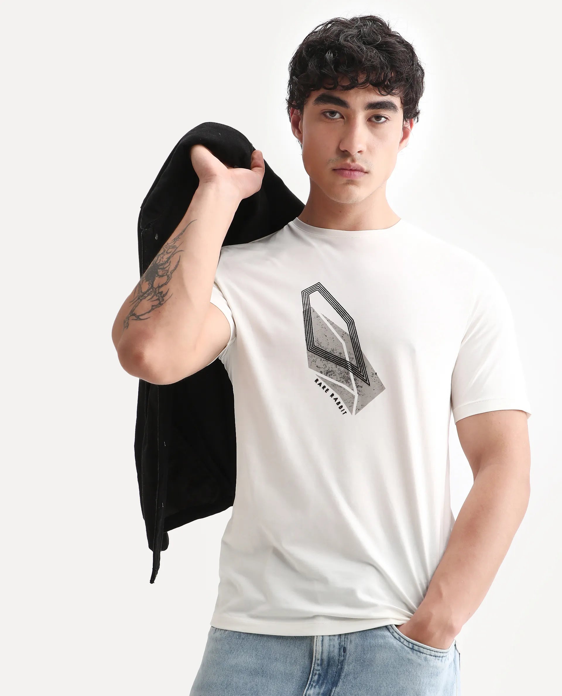 Rare Rabbit Men's Zima Off White Cotton Blend Graphic Print Regular Fit Half Sleeve Crew Neck T-Shirt