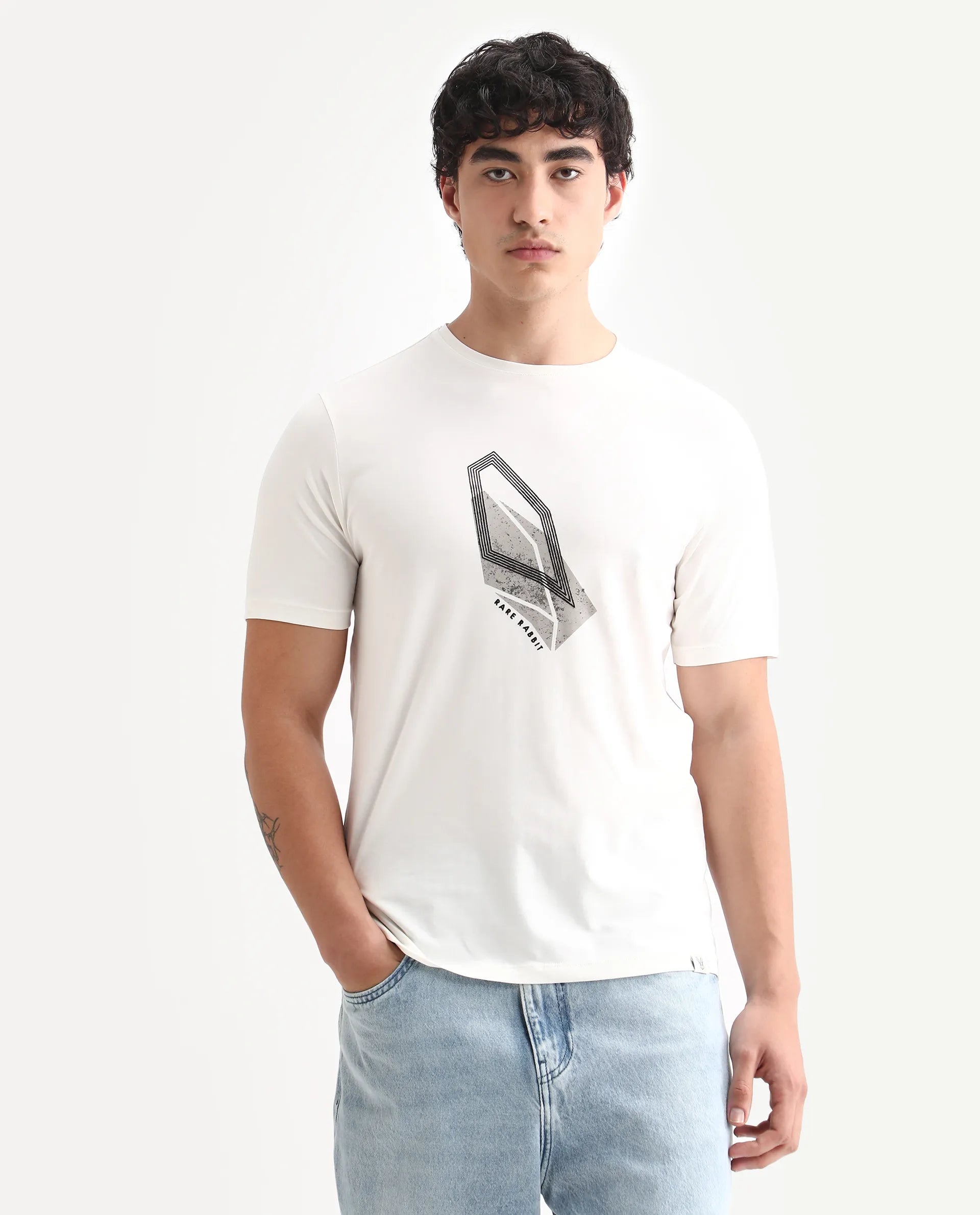 Rare Rabbit Men's Zima Off White Cotton Blend Graphic Print Regular Fit Half Sleeve Crew Neck T-Shirt
