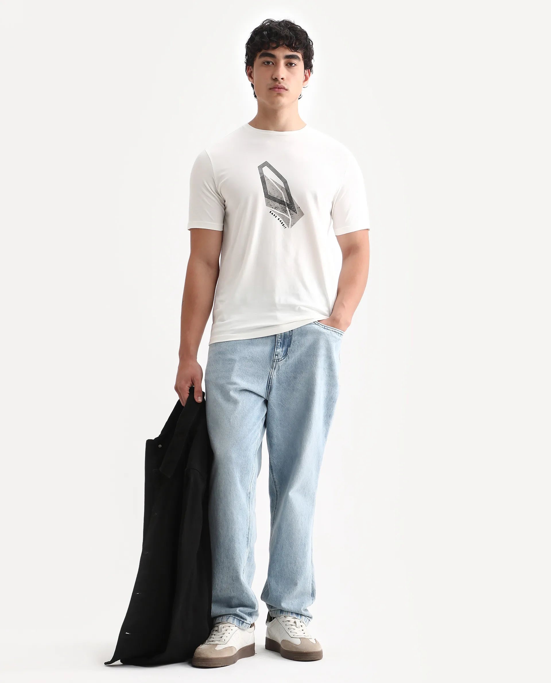 Rare Rabbit Men's Zima Off White Cotton Blend Graphic Print Regular Fit Half Sleeve Crew Neck T-Shirt