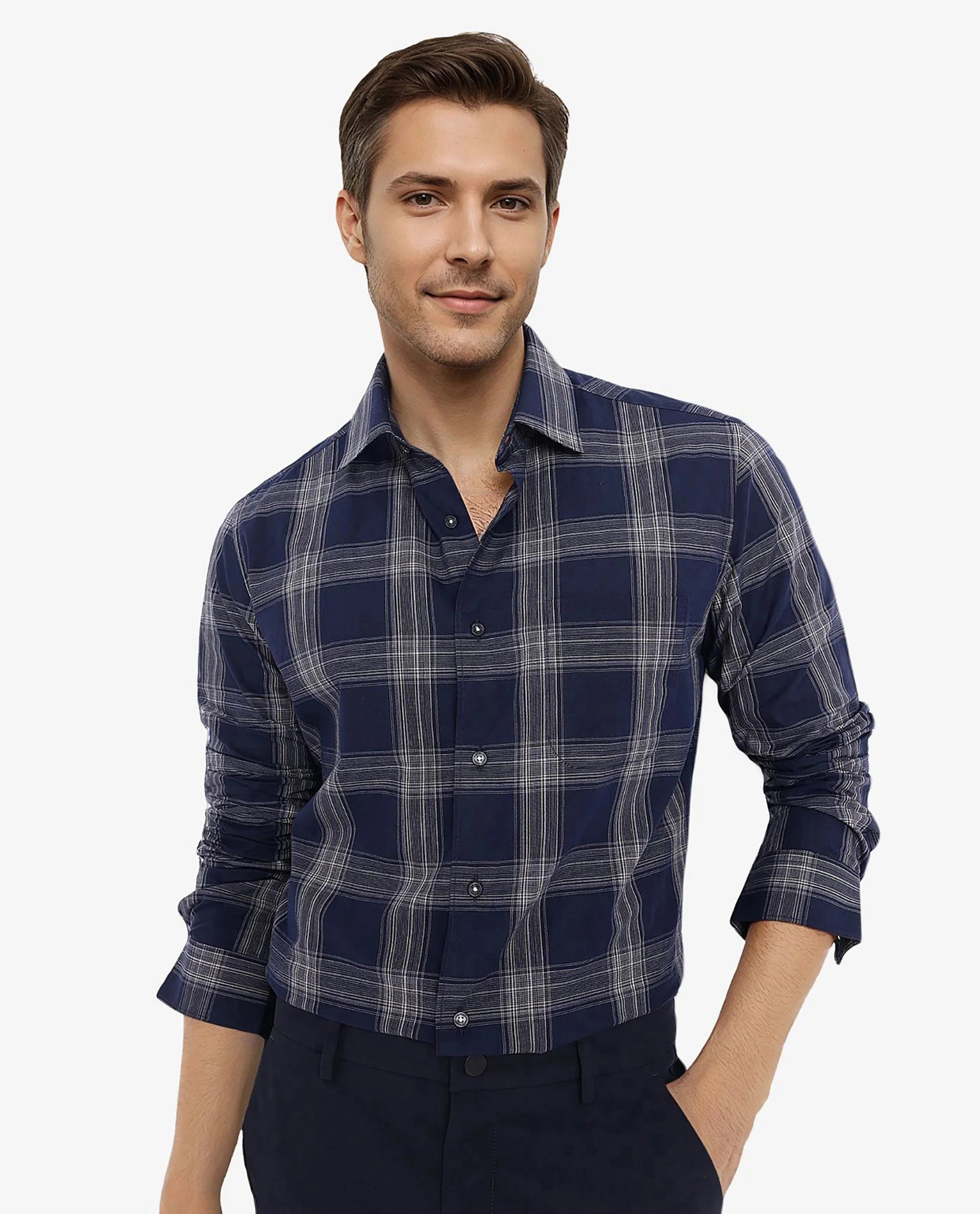 Rare Rabbit Men Zinga Navy Cotton Fabric Full Sleeve Regular Fit Checks Shirt