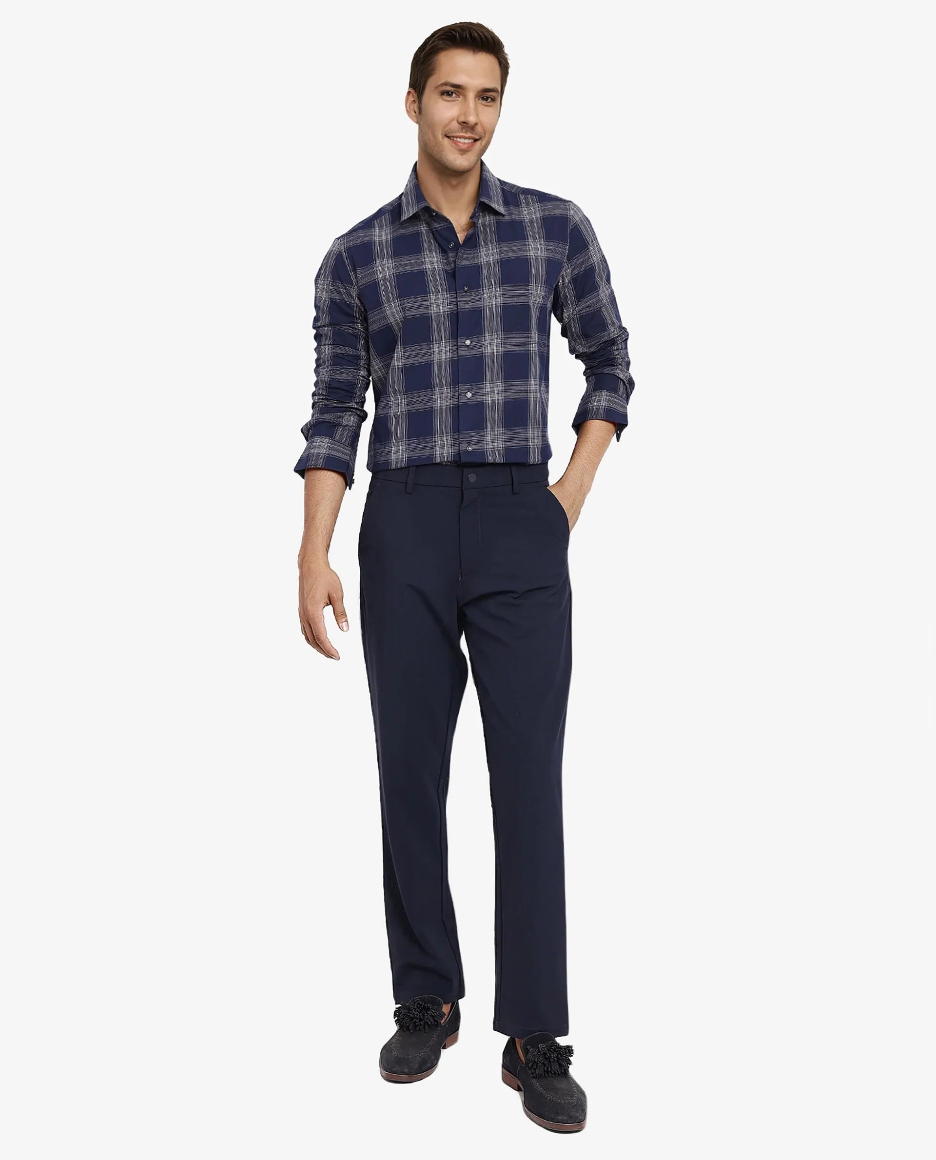 Rare Rabbit Men Zinga Navy Cotton Fabric Full Sleeve Regular Fit Checks Shirt