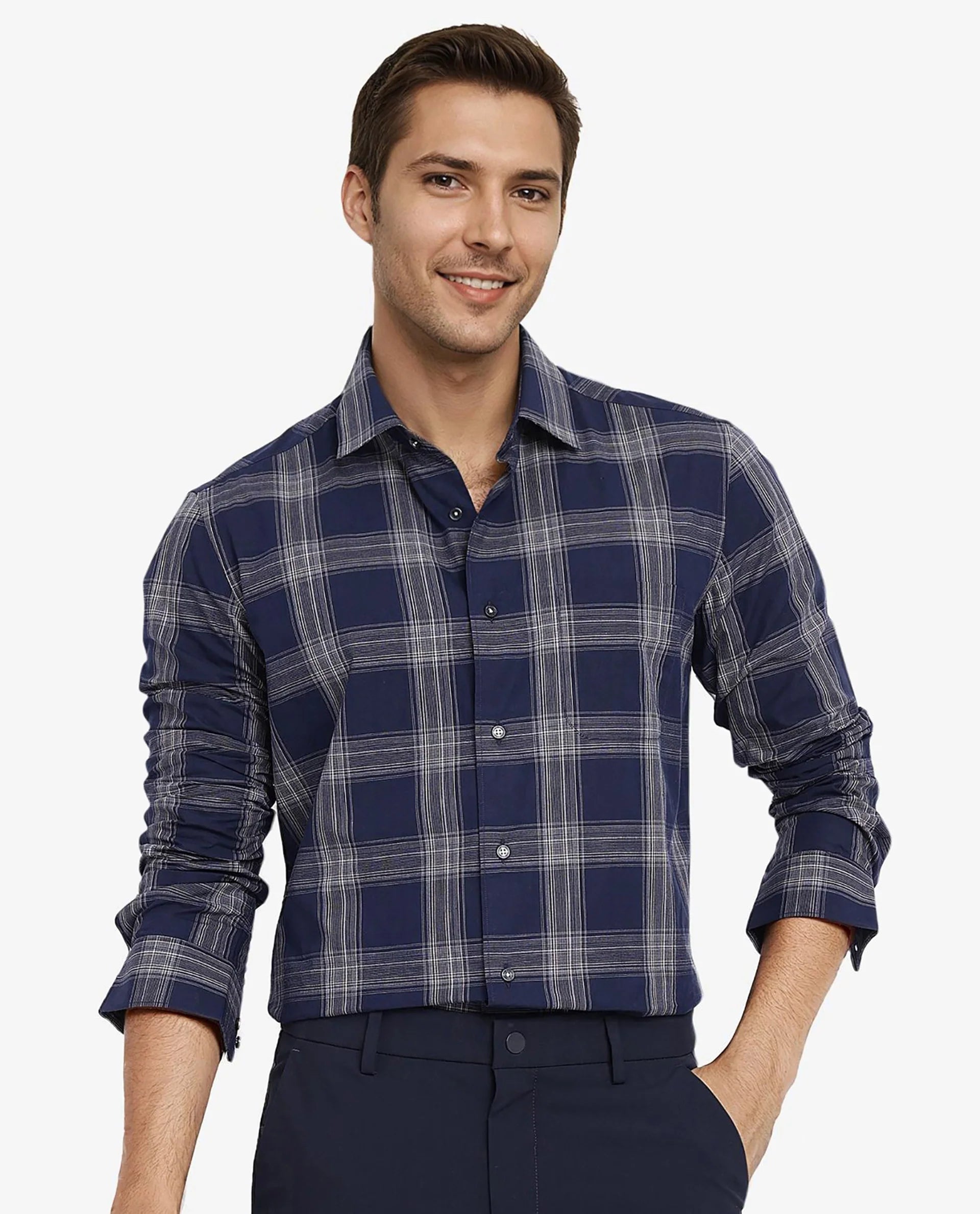 Rare Rabbit Men Zinga Navy Cotton Fabric Full Sleeve Regular Fit Checks Shirt