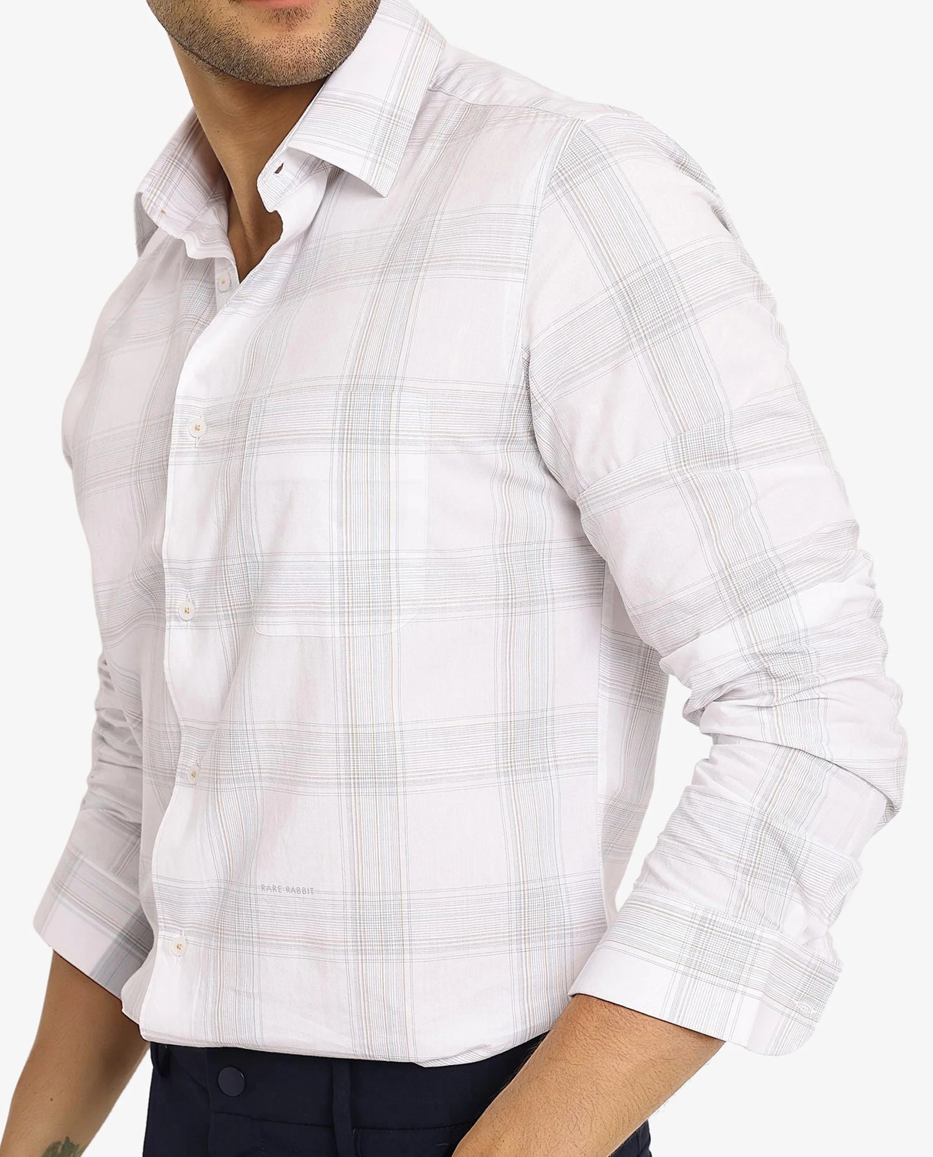 Rare Rabbit Men Zinga White Cotton Fabric Full Sleeve Regular Fit Checks Shirt
