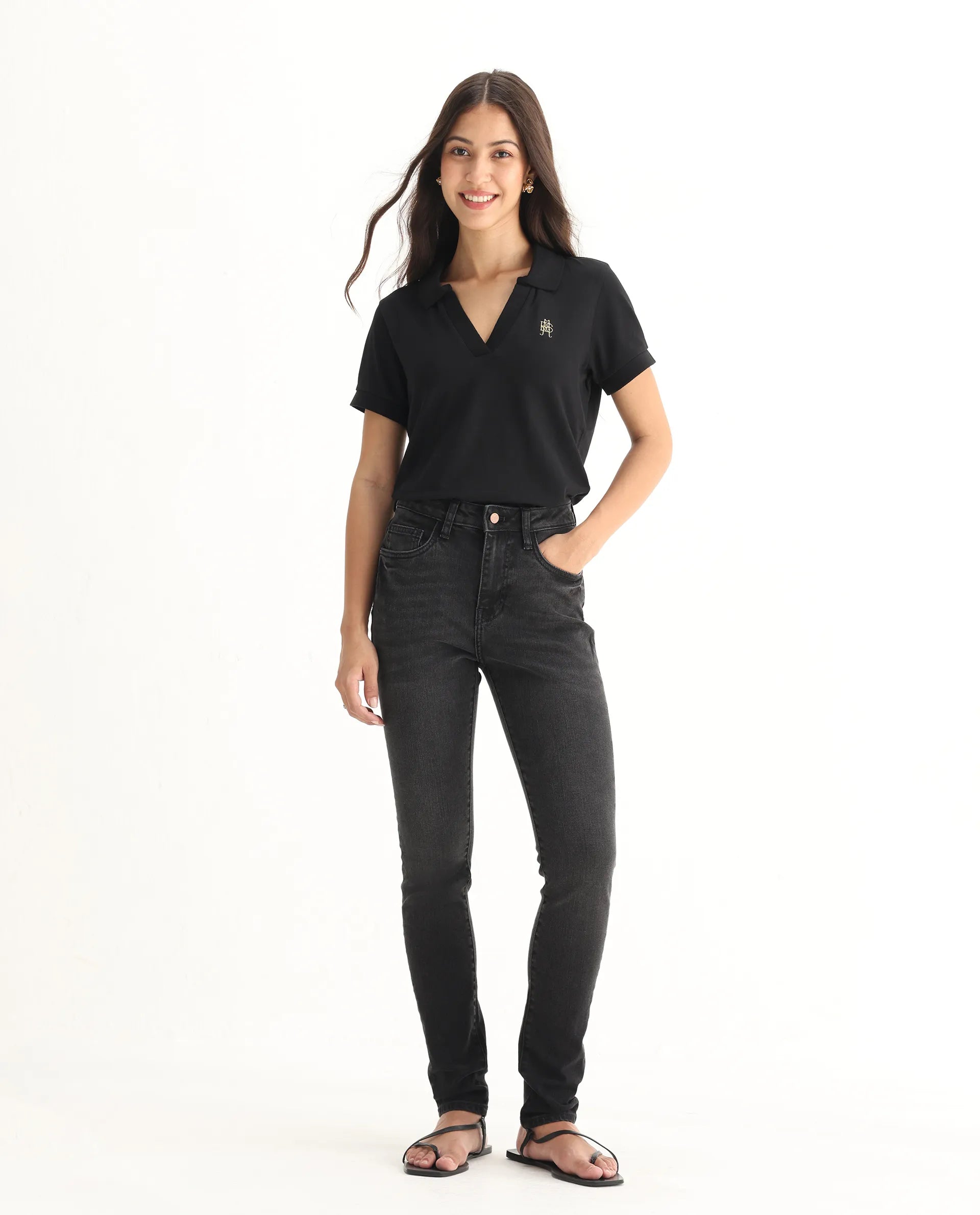 Rareism Women's Zingy Black Cotton Blend Plain Ankle Length Sleek Skinny Fit Jeans