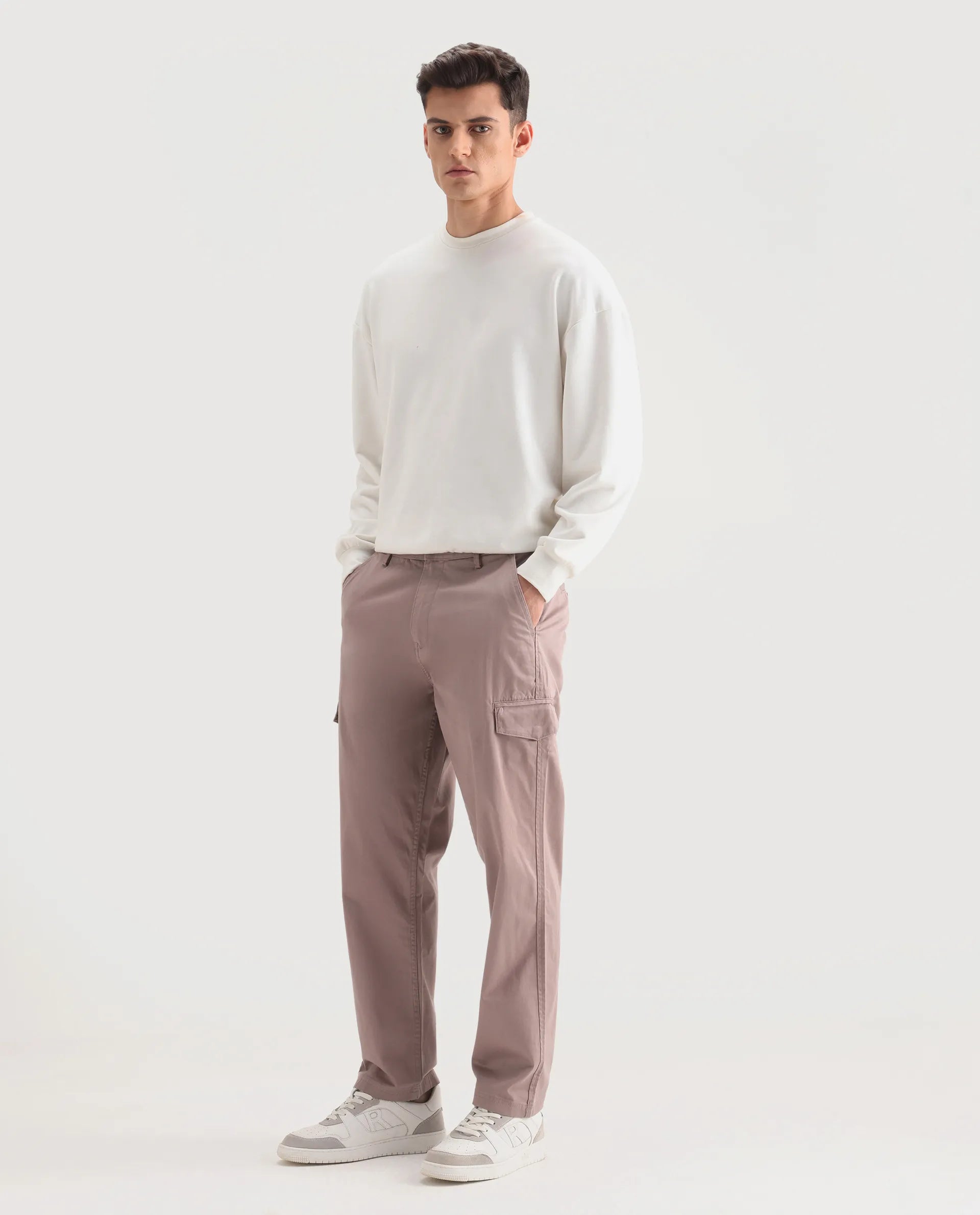 Rare Rabbit Men's Zipo Dusky Pink Cotton Plain Regular Fit Trouser
