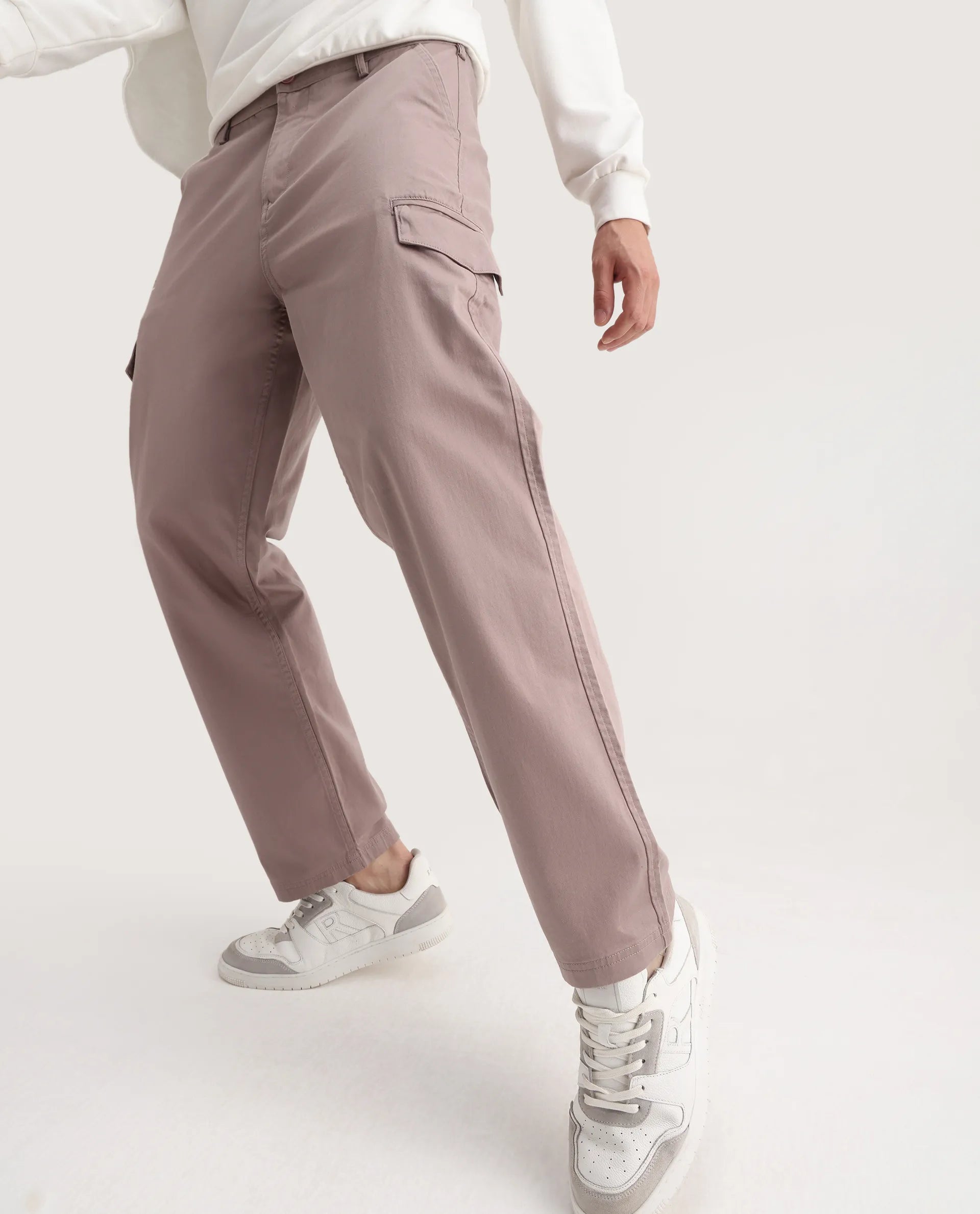 Rare Rabbit Men's Zipo Dusky Pink Cotton Plain Regular Fit Trouser