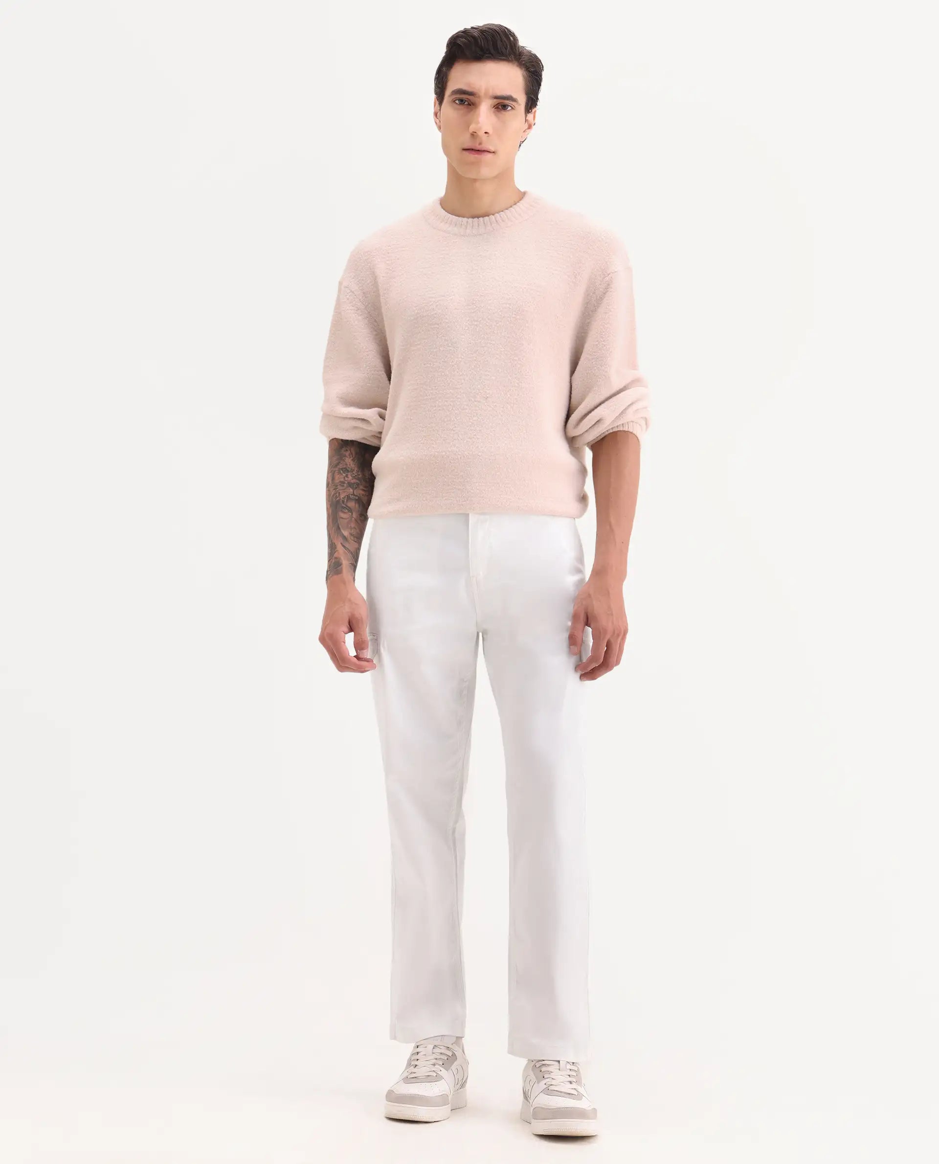 Rare Rabbit Men's Zipo White Cotton Plain Regular Fit Trouser