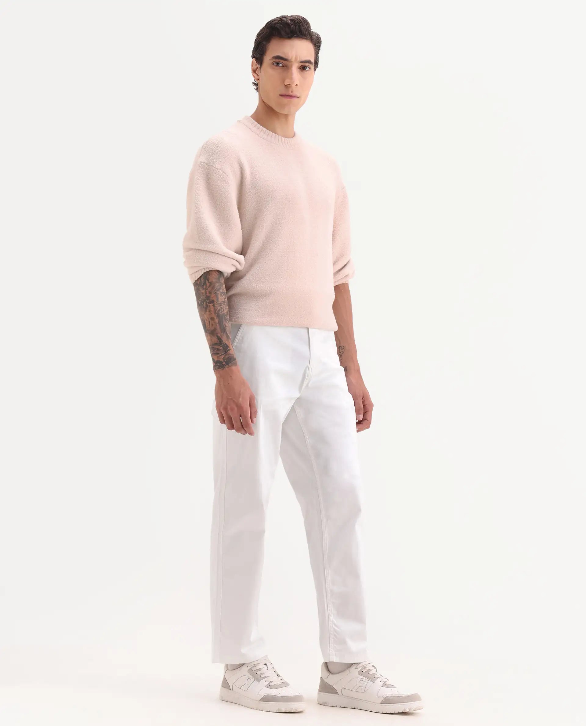 Rare Rabbit Men's Zipo White Cotton Plain Regular Fit Trouser