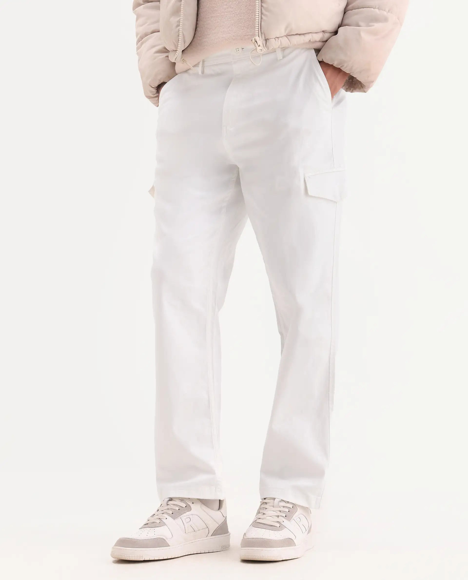 Rare Rabbit Men's Zipo White Cotton Plain Regular Fit Trouser