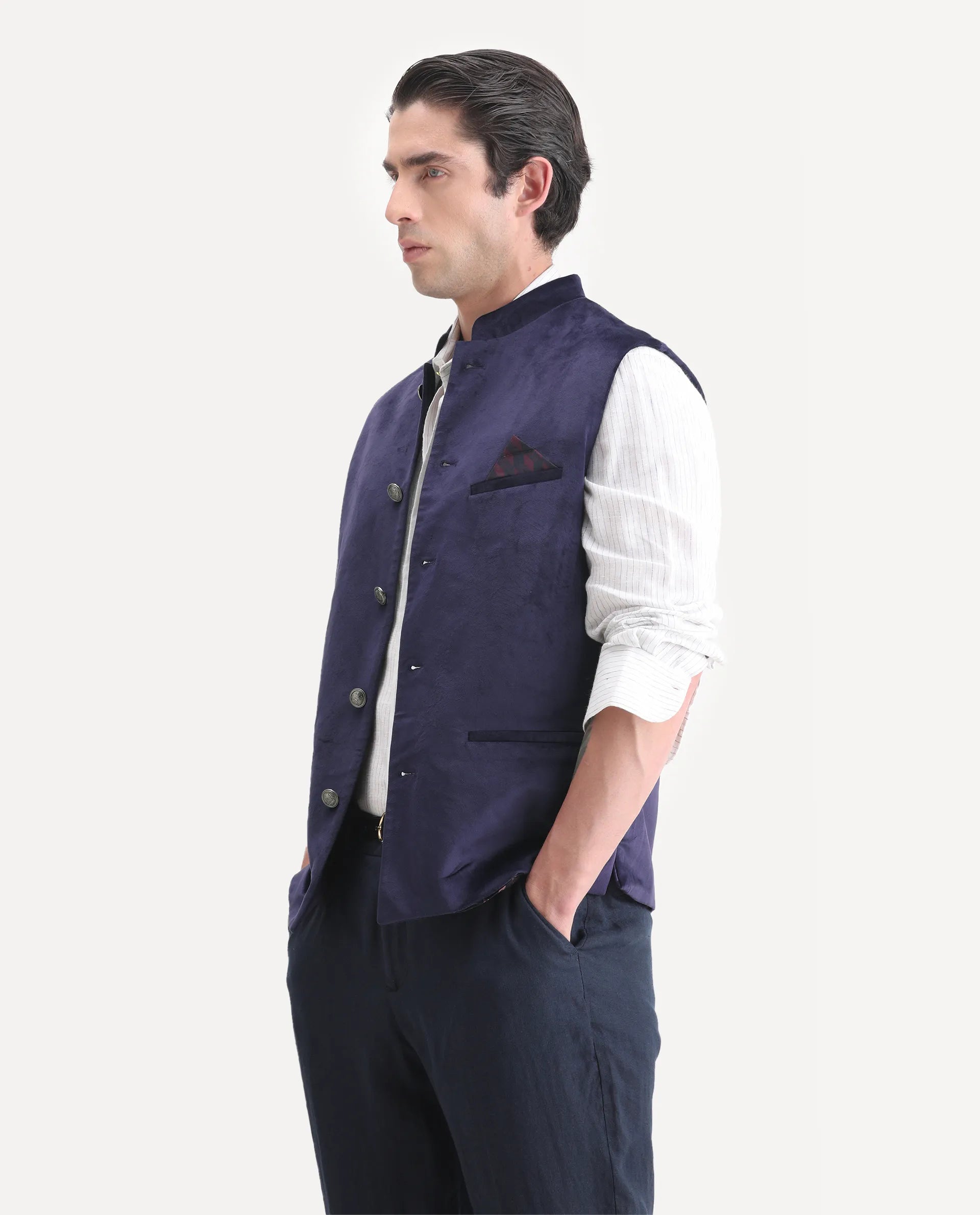 Rare Rabbit Men's Ziva Purple Velvet Plain Tailored Fit Sleeveless Mandarin Collar Bandhgala