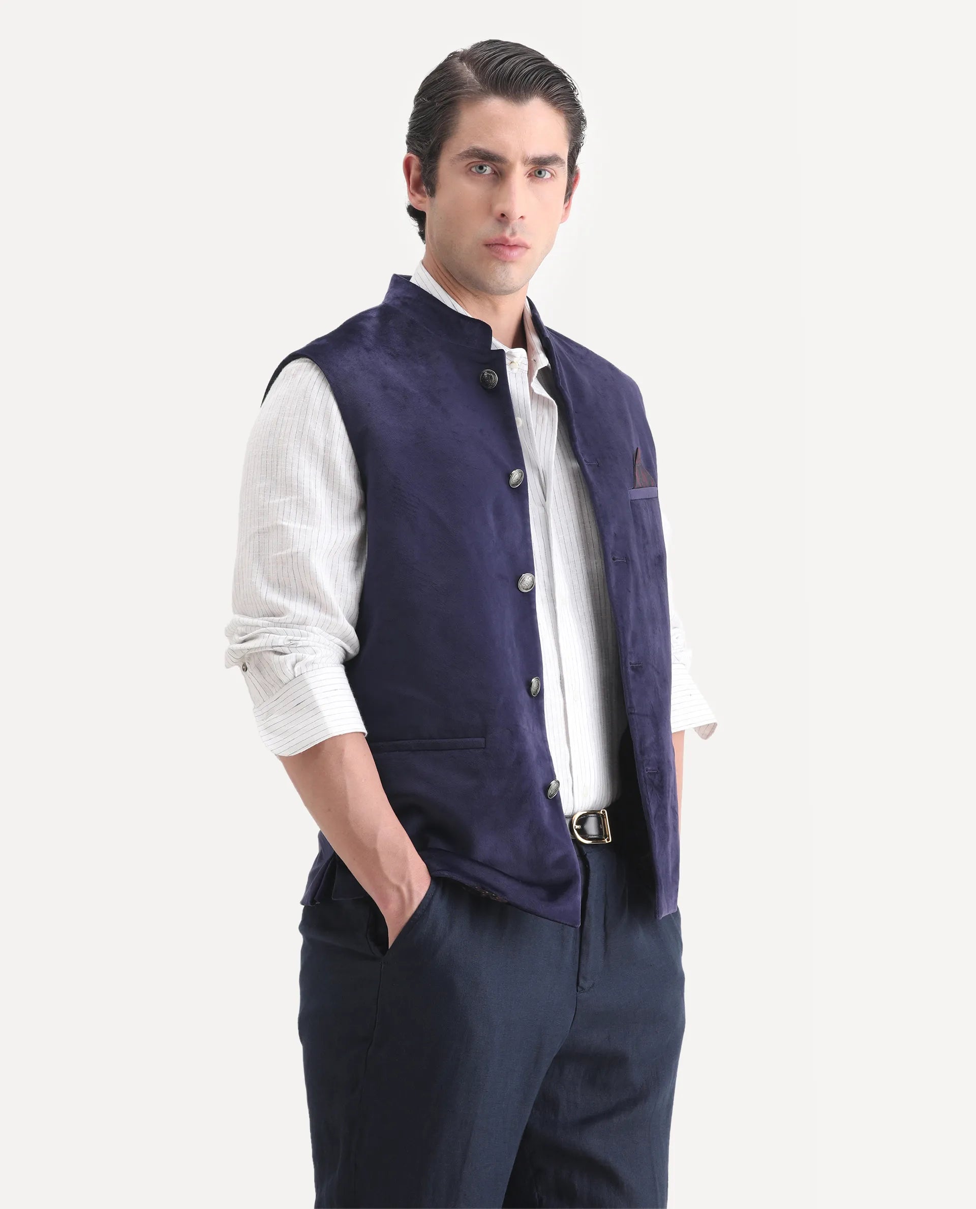 Rare Rabbit Men's Ziva Purple Velvet Plain Tailored Fit Sleeveless Mandarin Collar Bandhgala