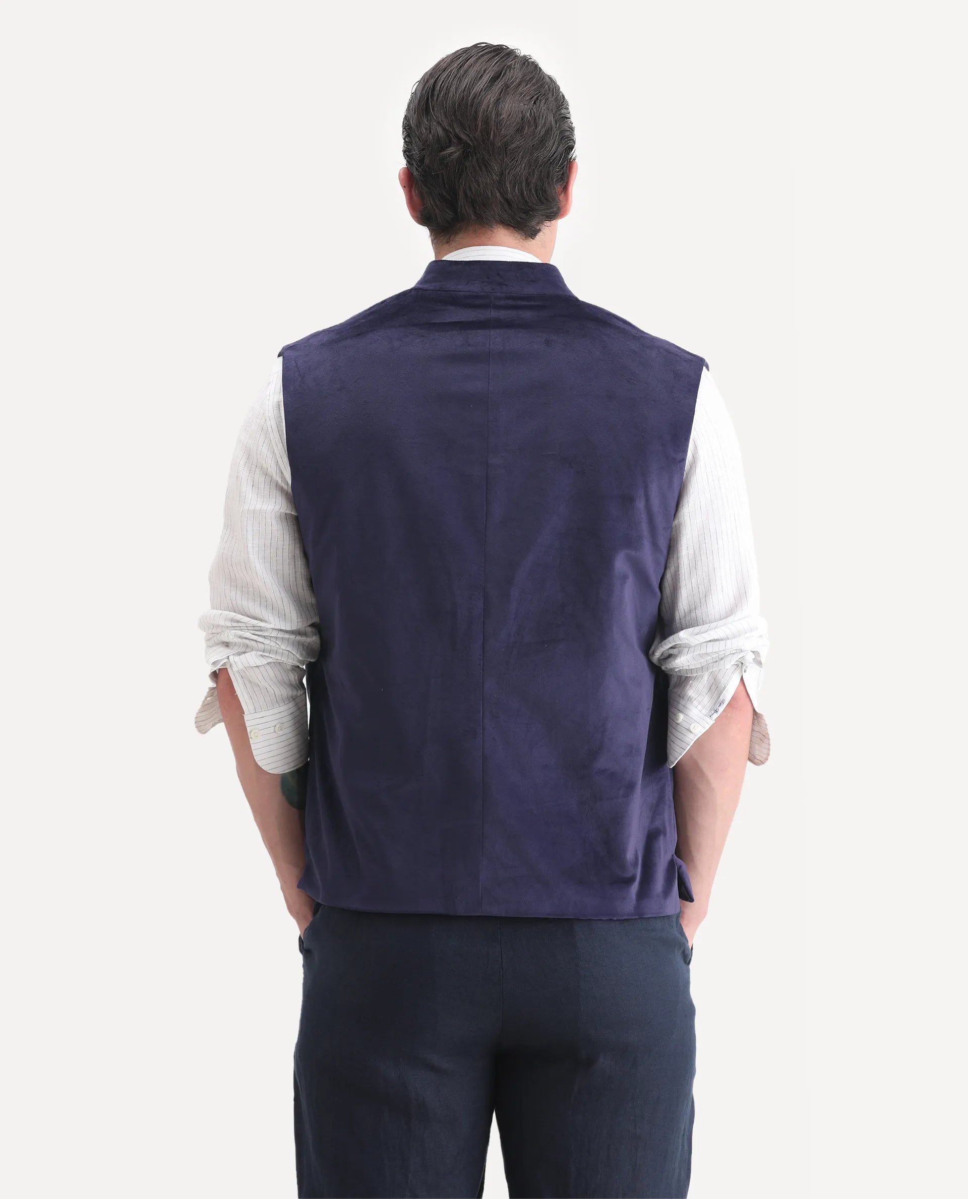 Rare Rabbit Men's Ziva Purple Velvet Plain Tailored Fit Sleeveless Mandarin Collar Bandhgala