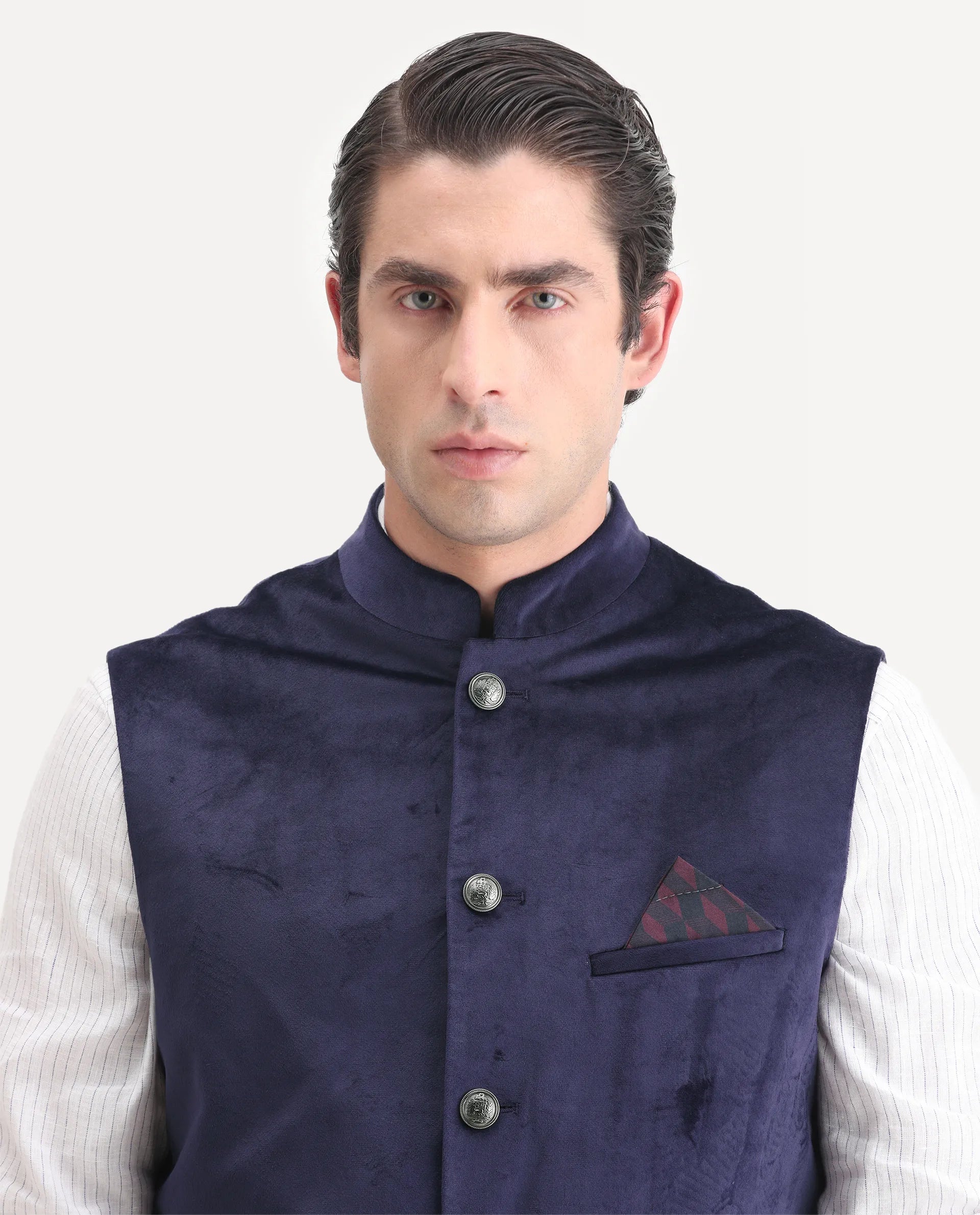 Rare Rabbit Men's Ziva Purple Velvet Plain Tailored Fit Sleeveless Mandarin Collar Bandhgala