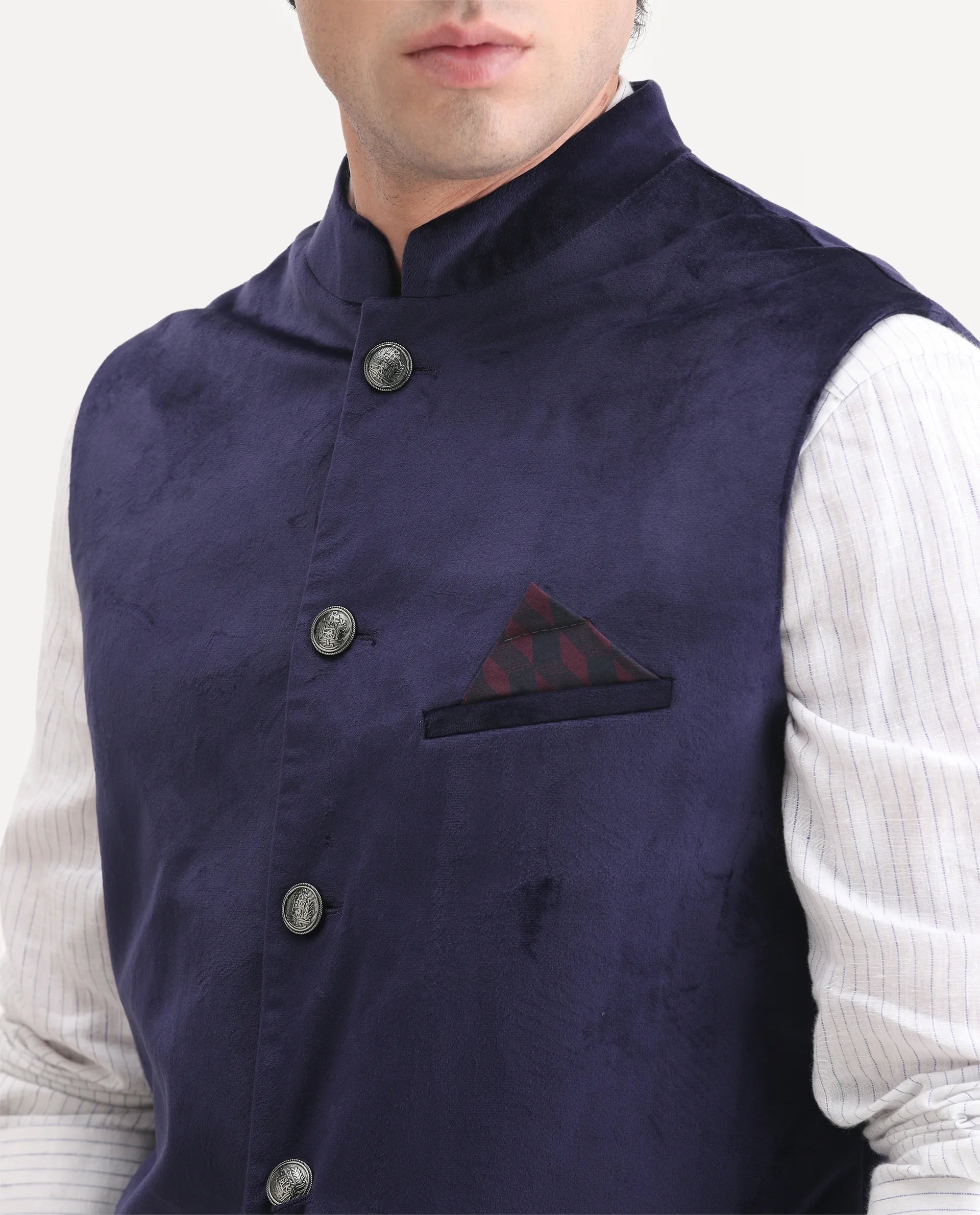 Rare Rabbit Men's Ziva Purple Velvet Plain Tailored Fit Sleeveless Mandarin Collar Bandhgala