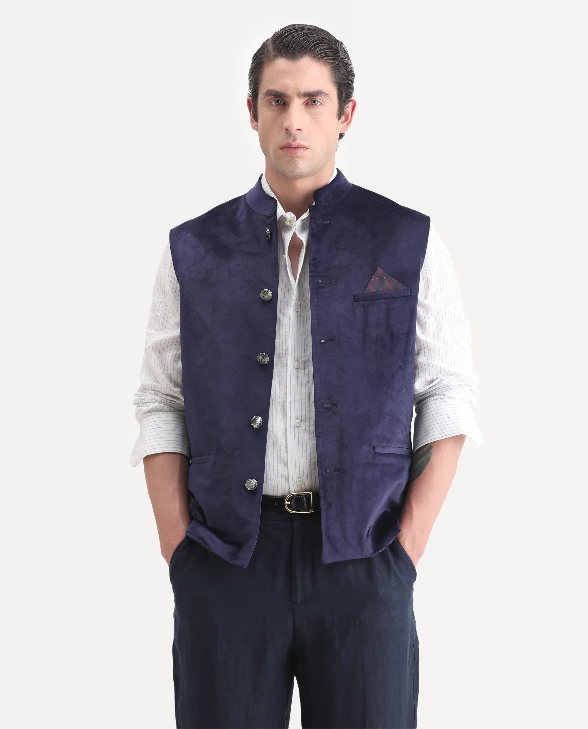 Rare Rabbit Men's Ziva Purple Velvet Plain Tailored Fit Sleeveless Mandarin Collar Bandhgala