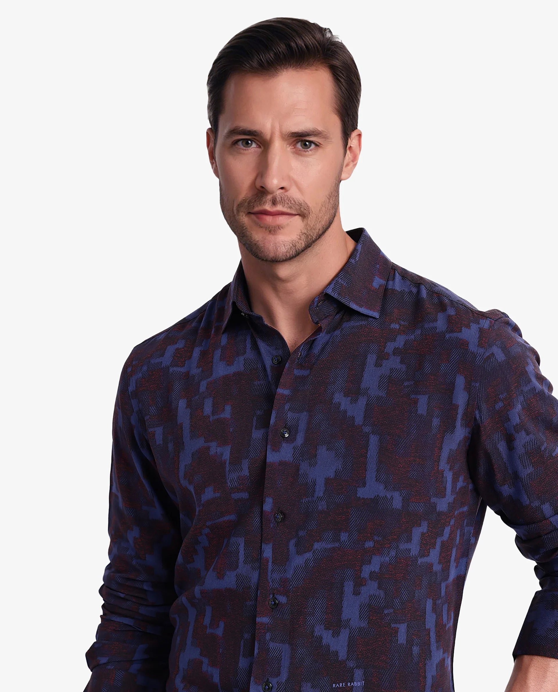 Rare Rabbit Men Zlata Navy Cotton Full Sleeve Regular Collar Button Closure Regular Fit Abstract Print Shirt