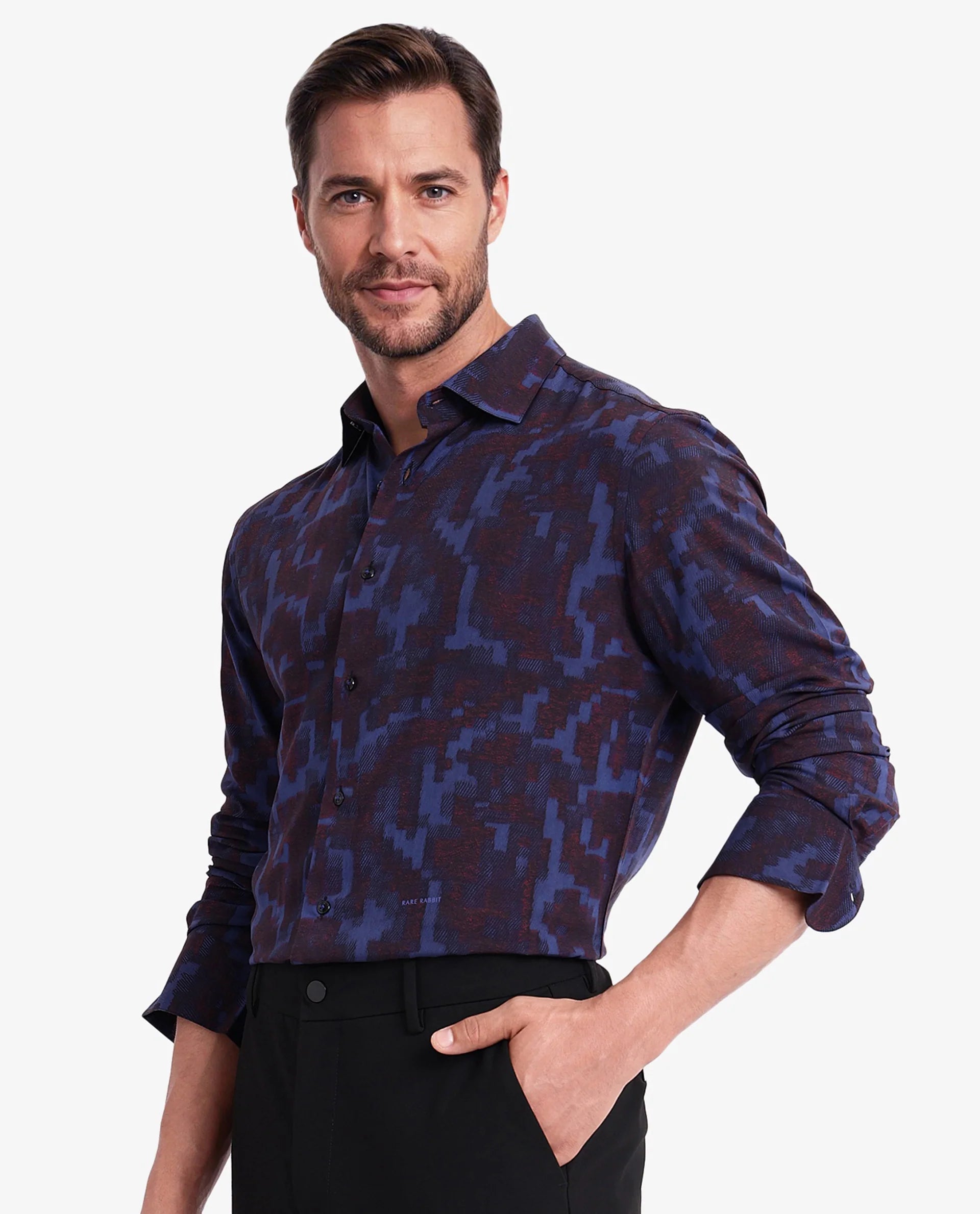 Rare Rabbit Men Zlata Navy Cotton Full Sleeve Regular Collar Button Closure Regular Fit Abstract Print Shirt