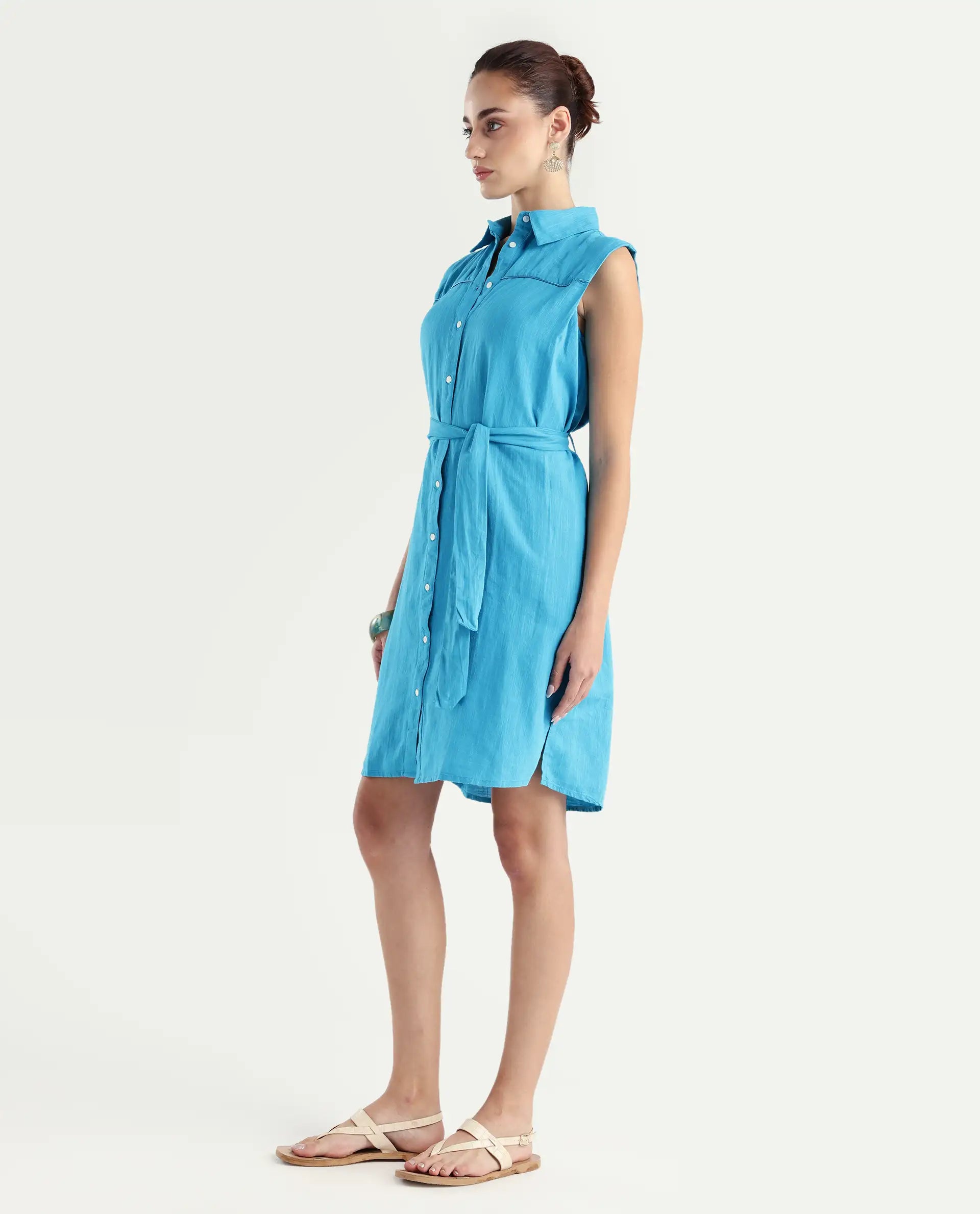 Rareism Women's Zolaa Blue Linen Spread Collar Plain Sleeveless Mini Regular Fit Dress
