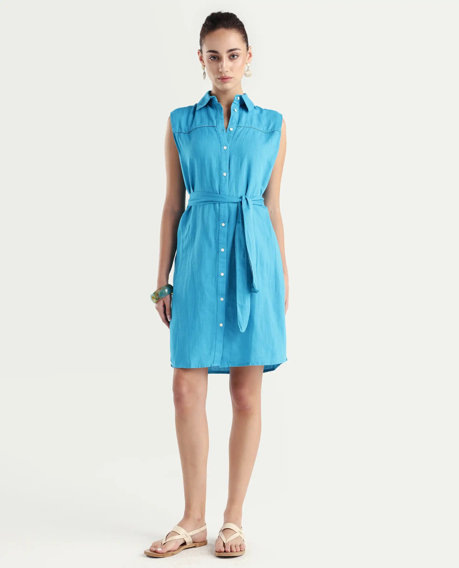 Rareism Women's Zolaa Blue Linen Spread Collar Plain Sleeveless Mini Regular Fit Dress