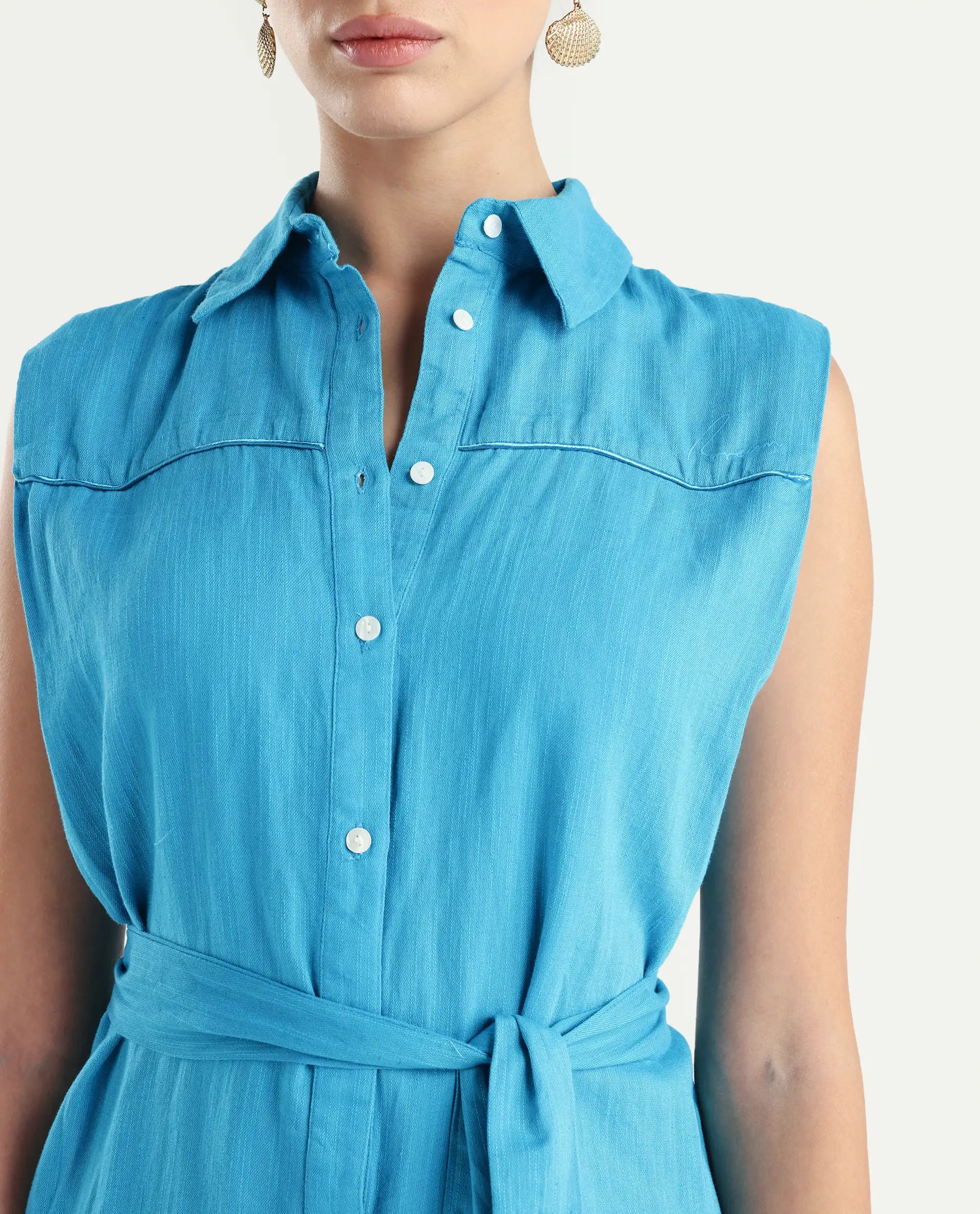 Rareism Women's Zolaa Blue Linen Spread Collar Plain Sleeveless Mini Regular Fit Dress