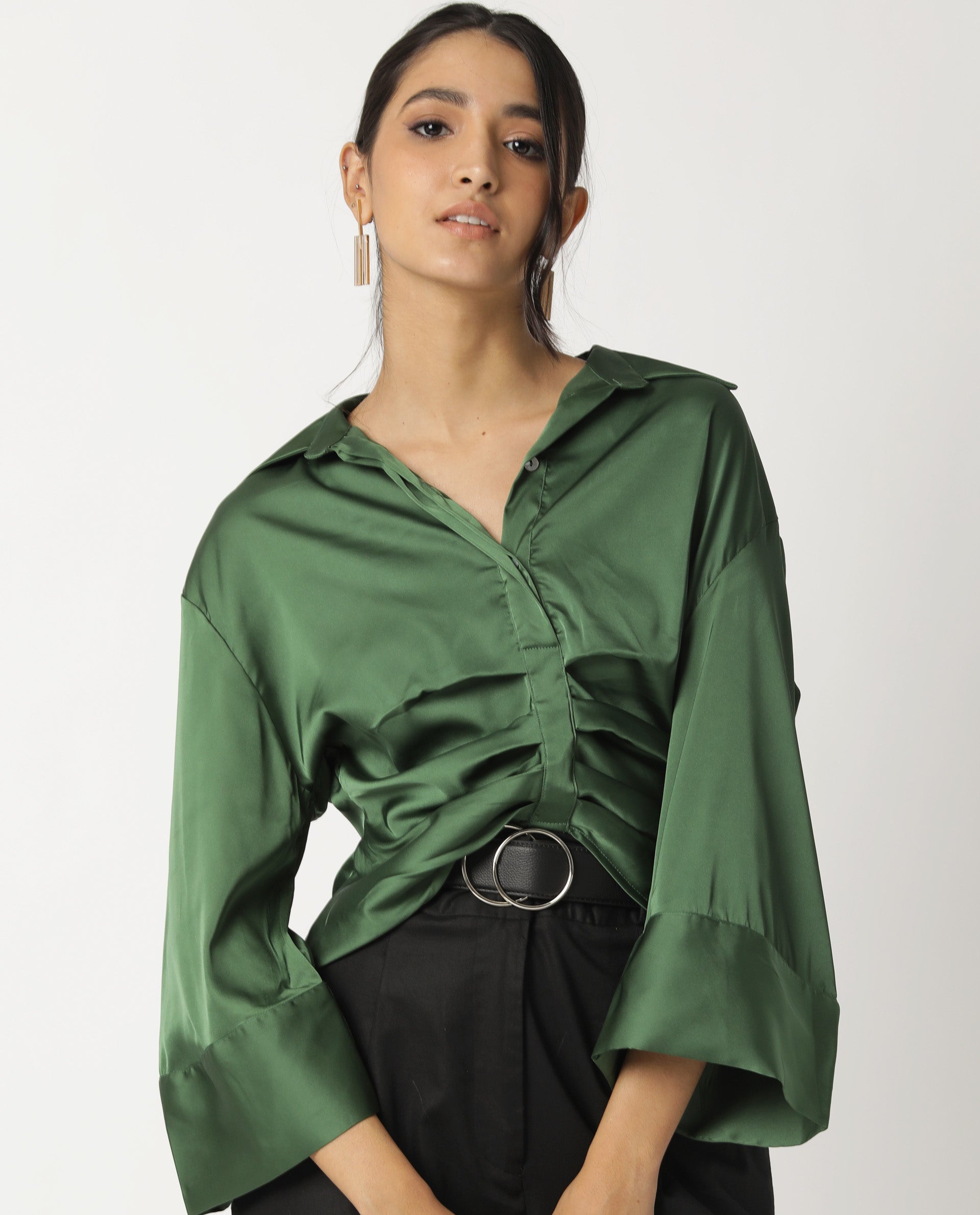 Rareism Womens Zomat Green Top Modal Fabric Regular Fit Bell Sleeves Collared Neck