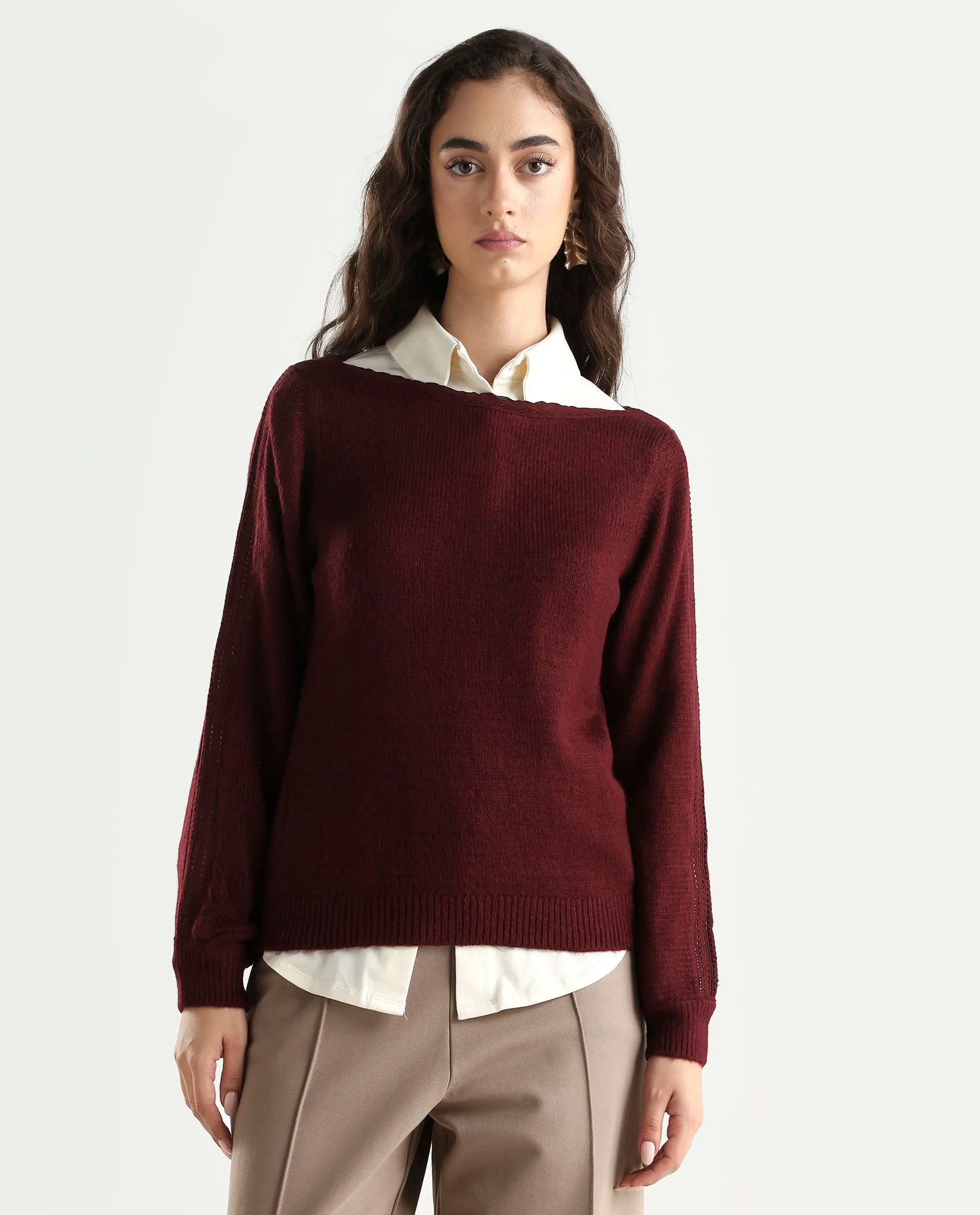 Rareism Women's Zula Dark Maroon Acrylic Blend Boat Neck Relaxed Fit Plain Sweater