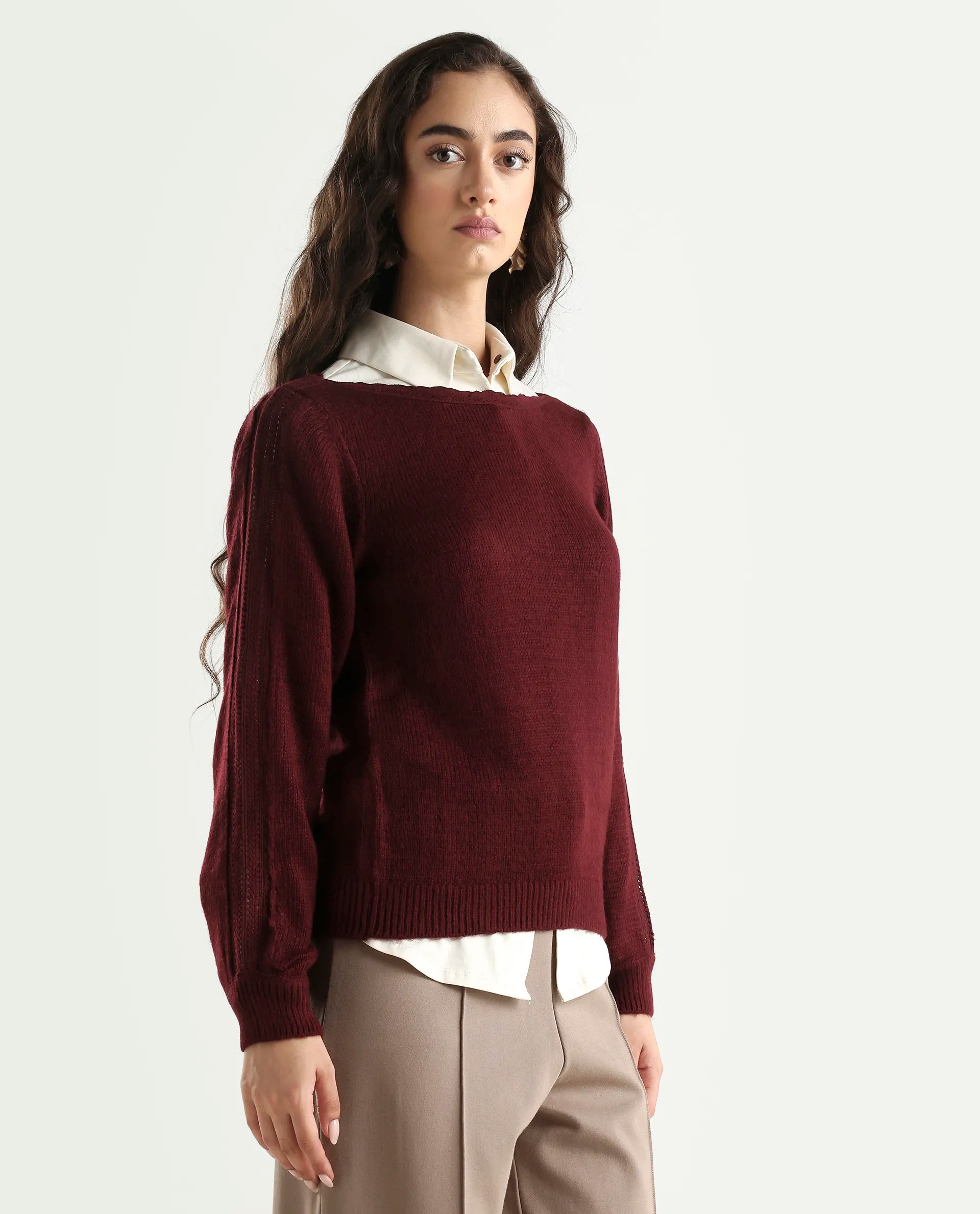 Rareism Women's Zula Dark Maroon Acrylic Blend Boat Neck Relaxed Fit Plain Sweater