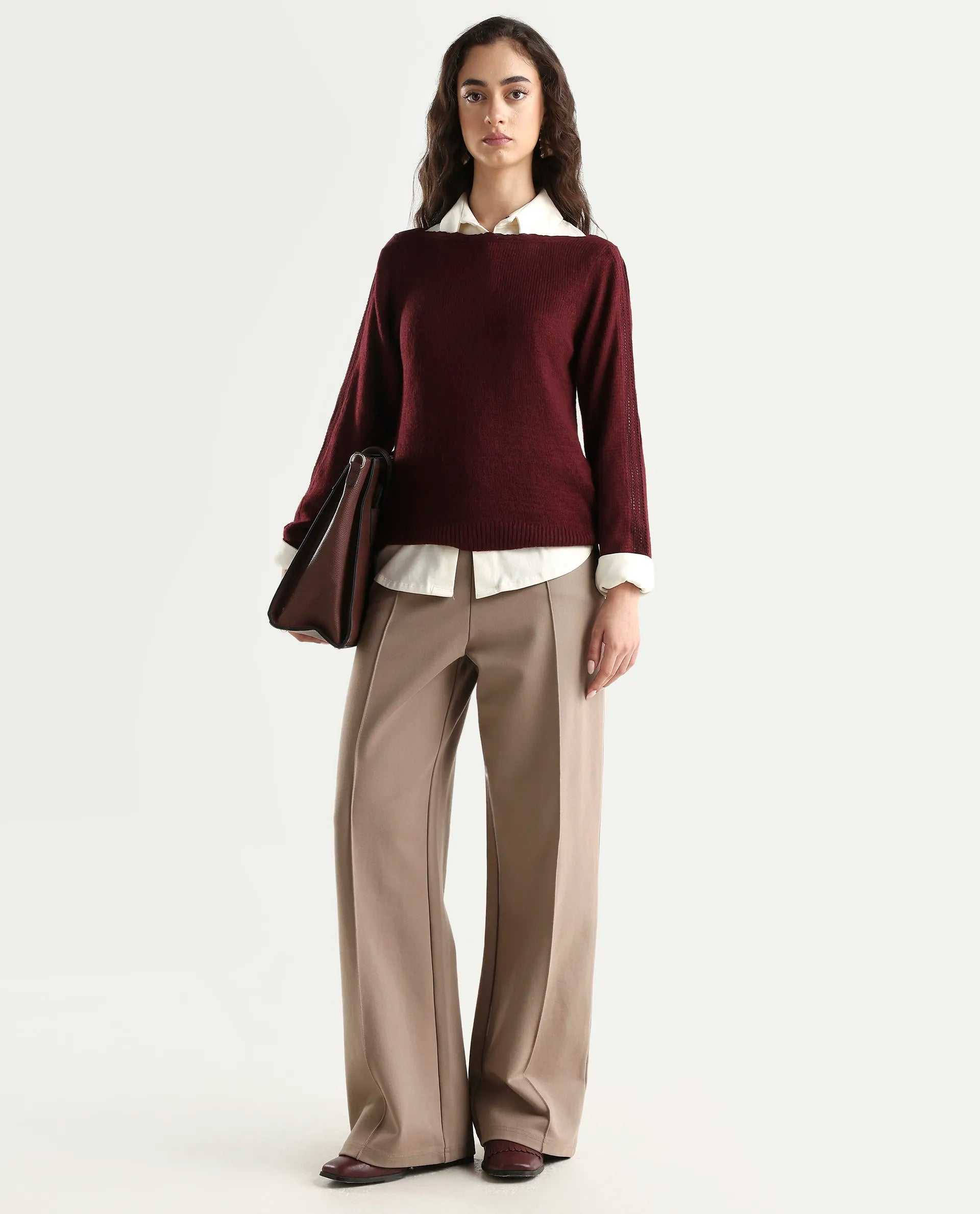 Rareism Women's Zula Dark Maroon Acrylic Blend Boat Neck Relaxed Fit Plain Sweater