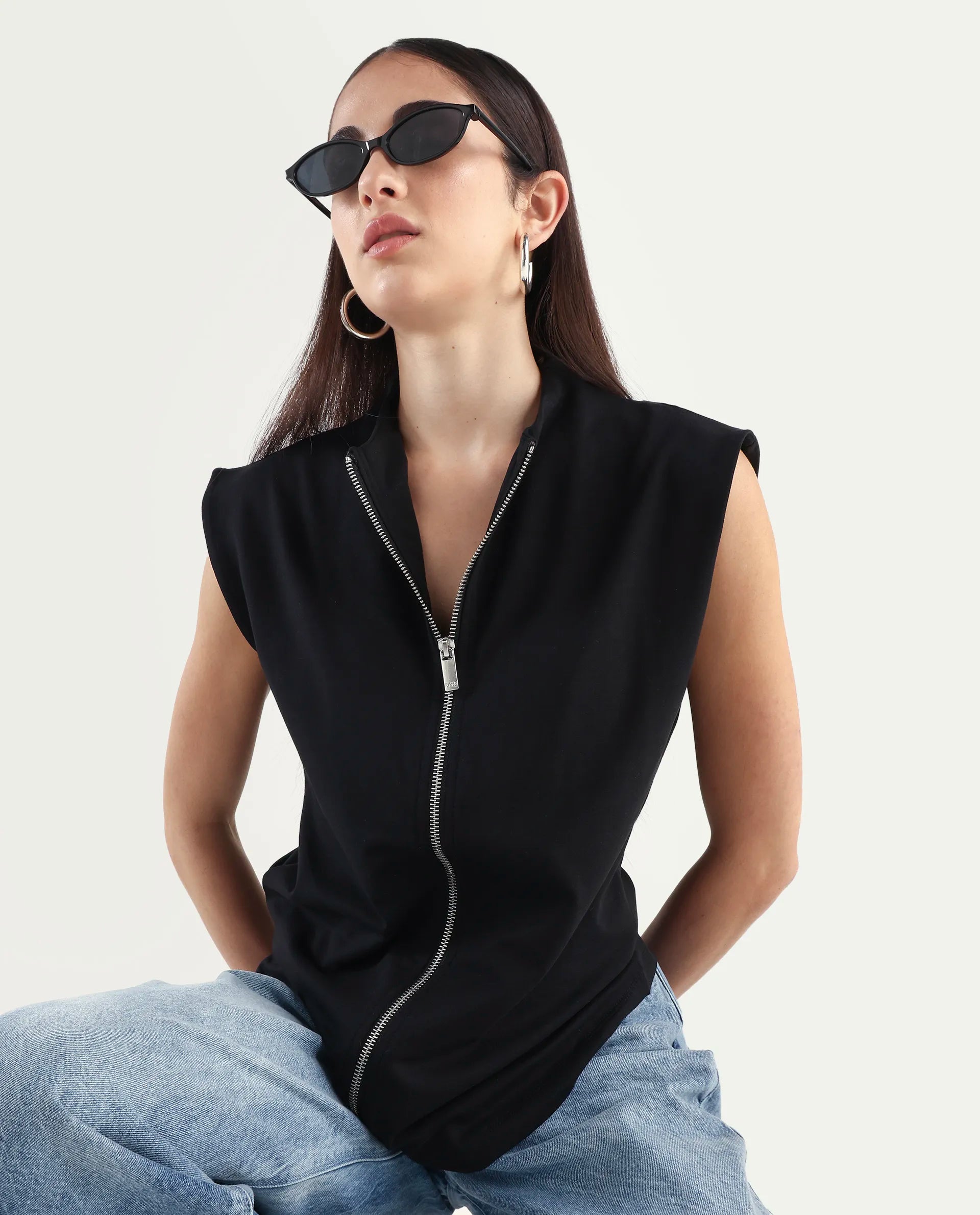 Rareism Women's Zuria Black Cotton Blend High Neck Dyed Extended Sleeves Relaxed Fit Sweatshirt