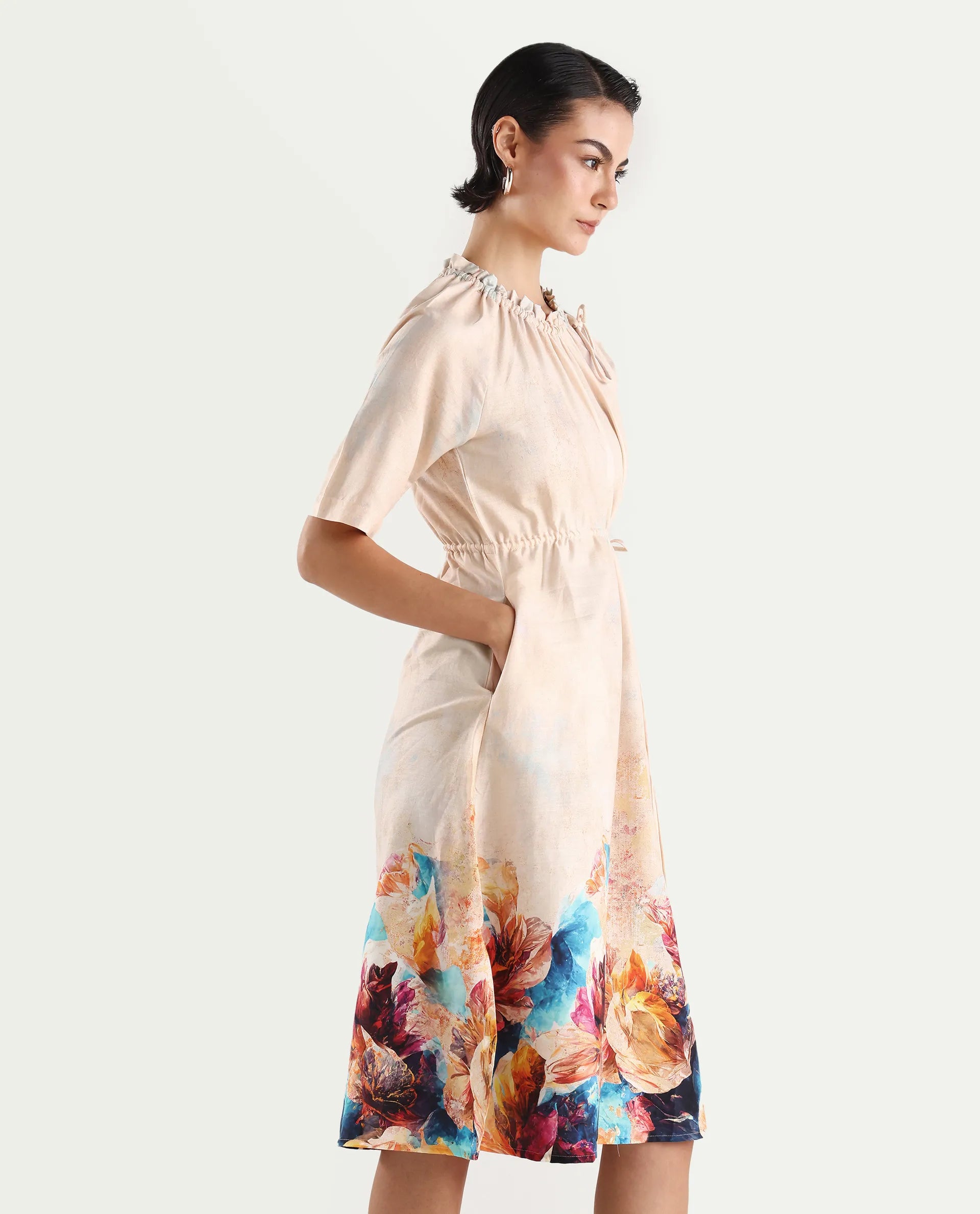 Rareism Women's Zushi Multi Cotton Blend Ruffled Neck Floral Print Raglan Sleeve Knee Length A-Line Dress