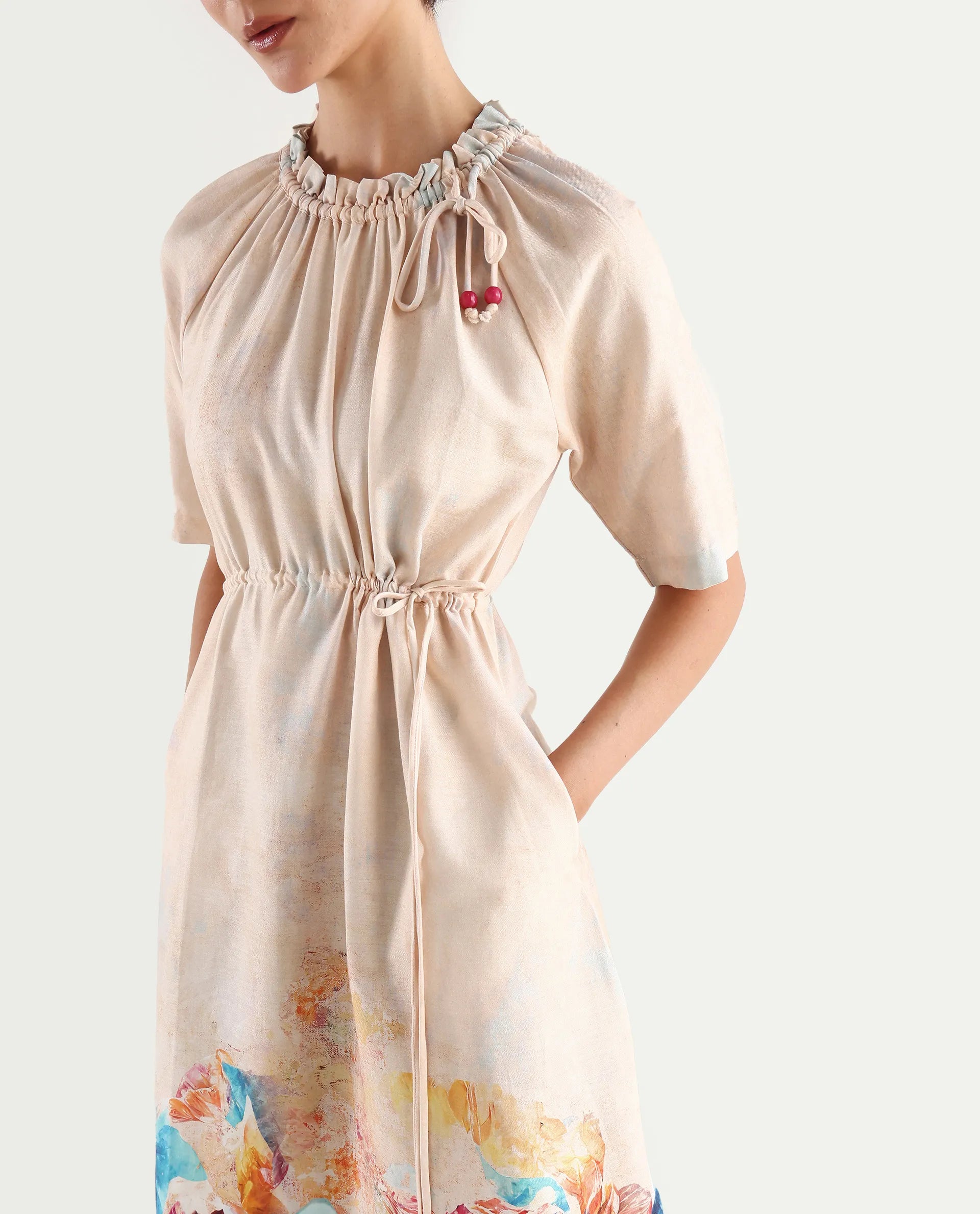 Rareism Women's Zushi Multi Cotton Blend Ruffled Neck Floral Print Raglan Sleeve Knee Length A-Line Dress