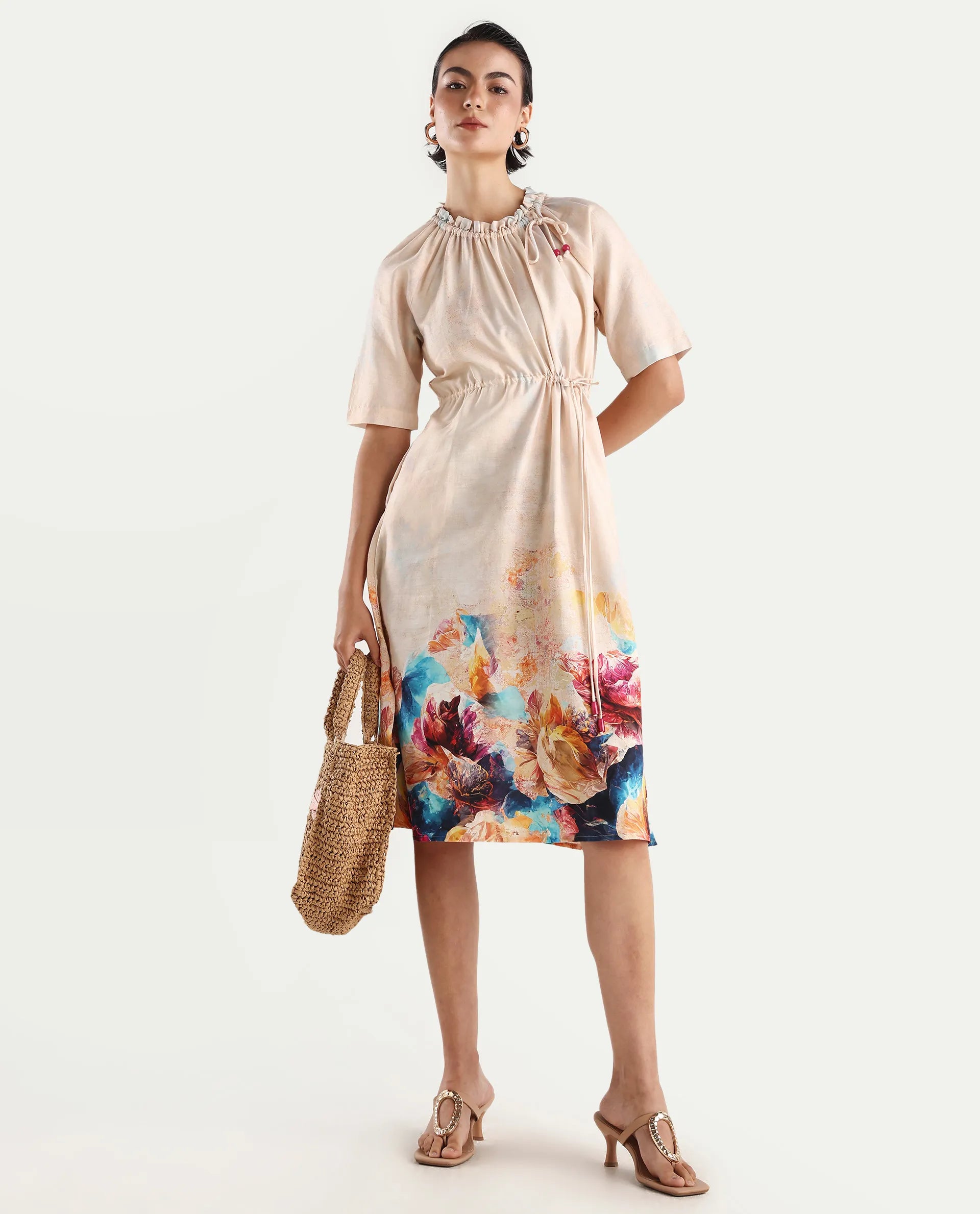 Rareism Women's Zushi Multi Cotton Blend Ruffled Neck Floral Print Raglan Sleeve Knee Length A-Line Dress