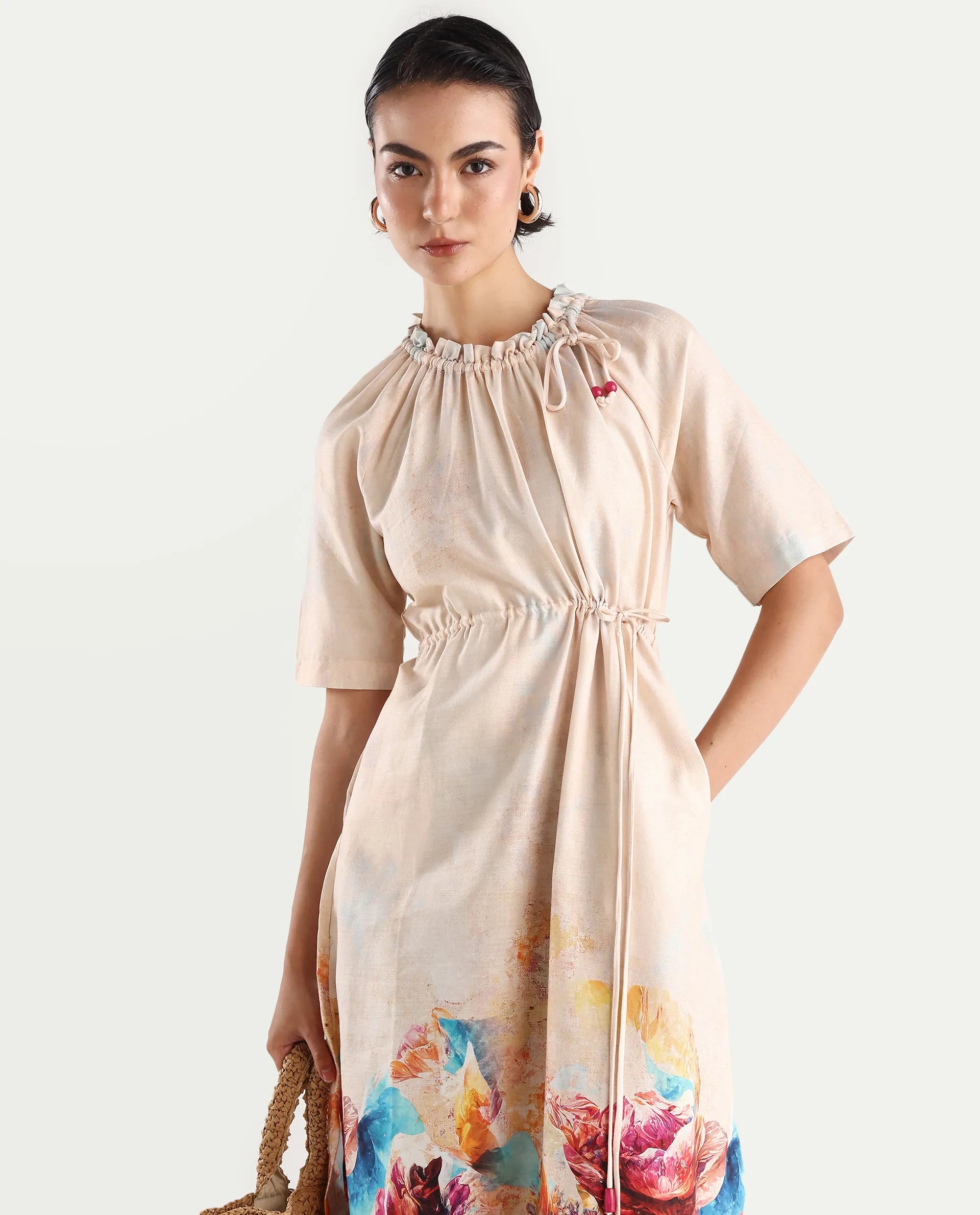 Rareism Women's Zushi Multi Cotton Blend Ruffled Neck Floral Print Raglan Sleeve Knee Length A-Line Dress