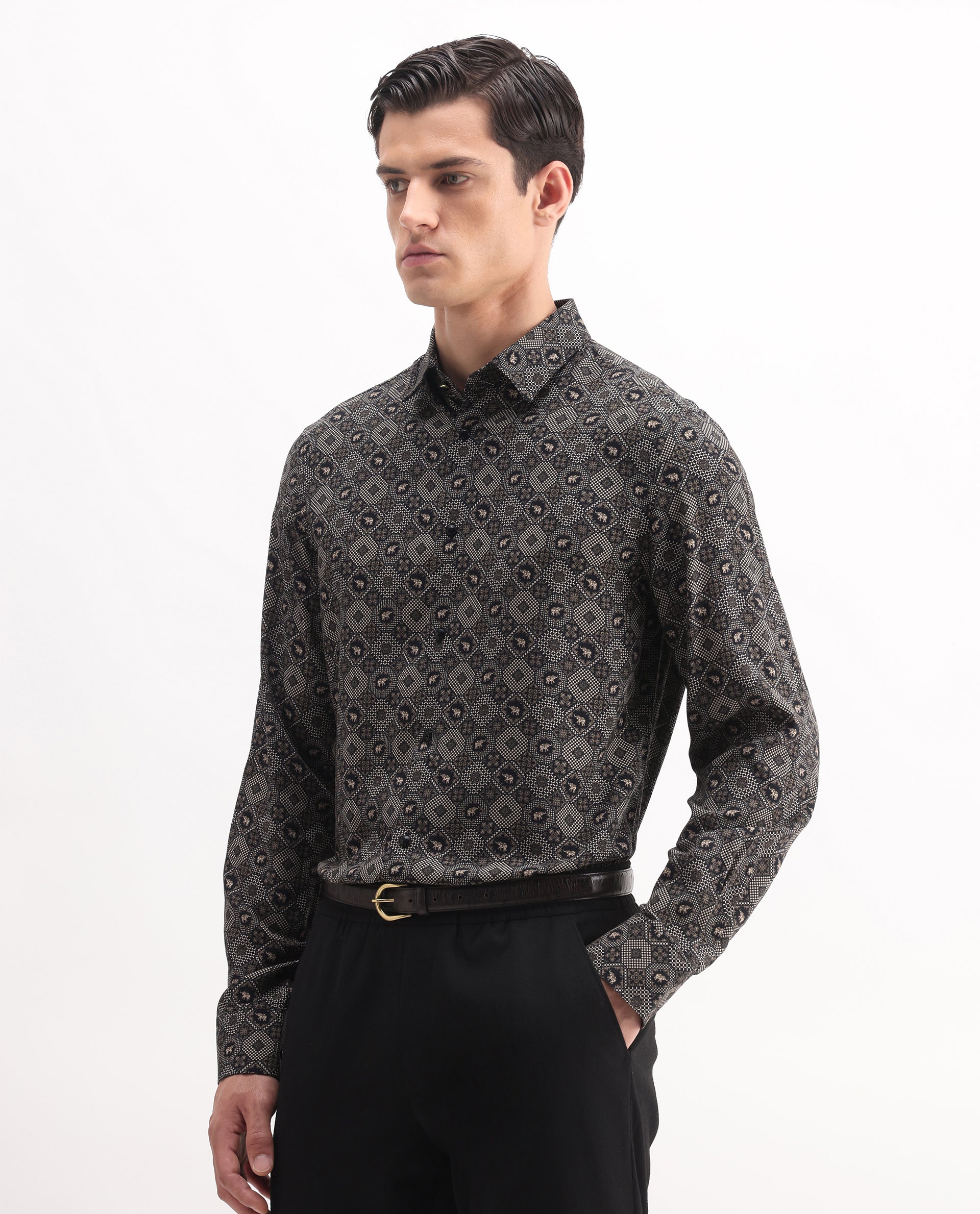 Rare Rabbit Men's Zynor Black Viscose Geometric Print Regular Fit Full Sleeve Collared Shirt