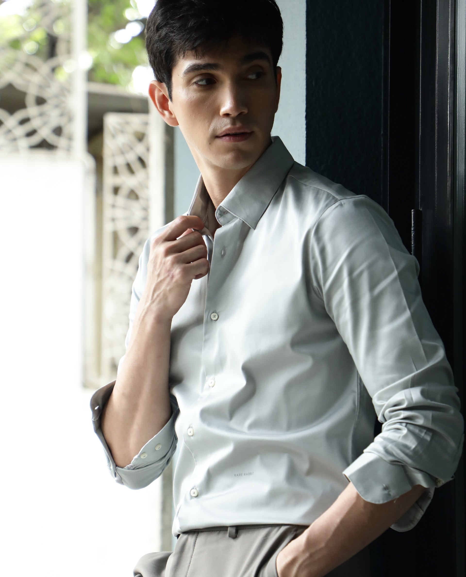 Rare Rabbit Men's Como Grey Satin Fabric Button Down Collar Full Sleeves Solid Formal Shirt