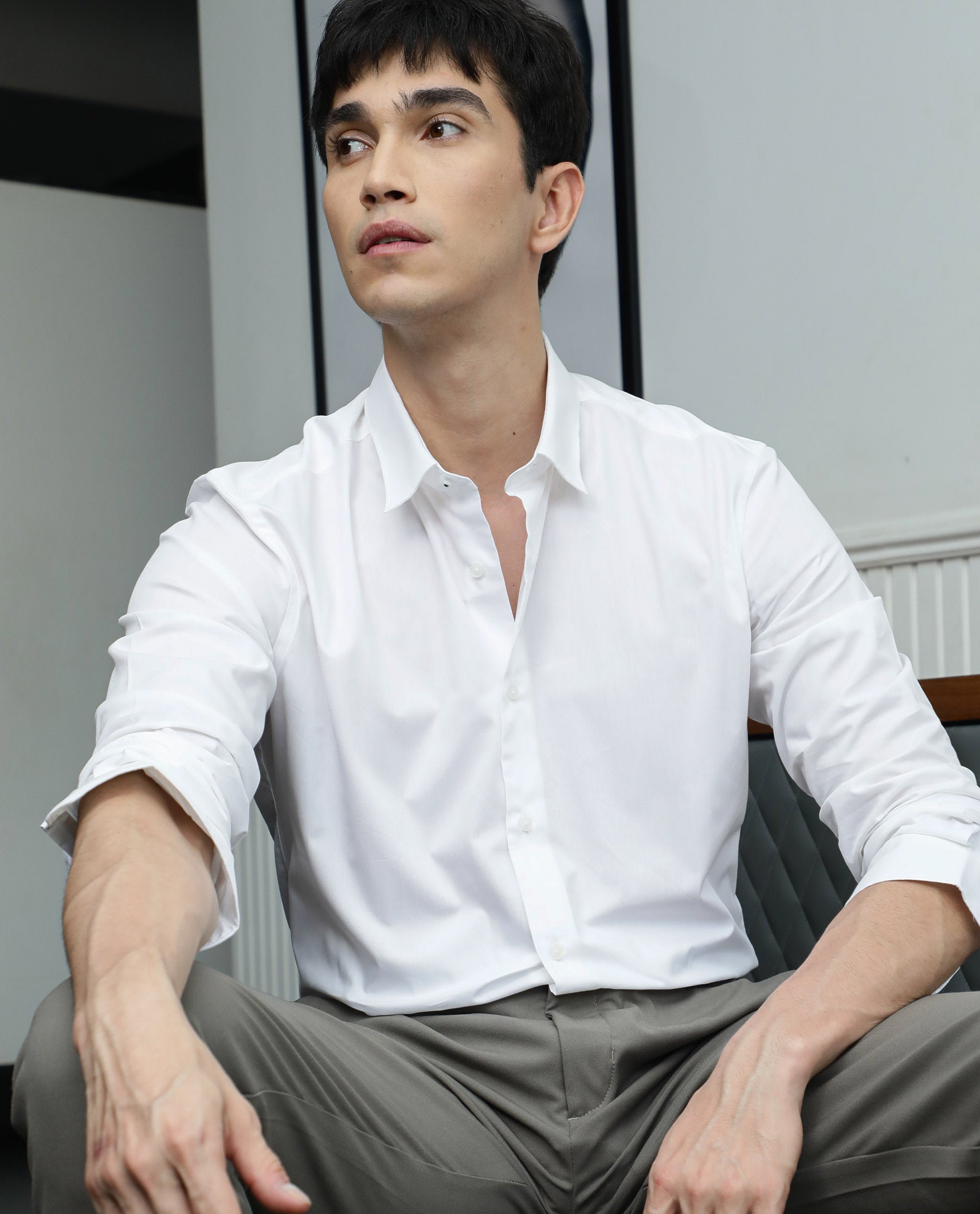 RARE RABBIT MEN'S NEUTRONS WHITE SHIRT COTTON POLYESTER FABRIC COLLARED NECK FULL SLEEVES BUTTON CLOSURE SLIM FIT