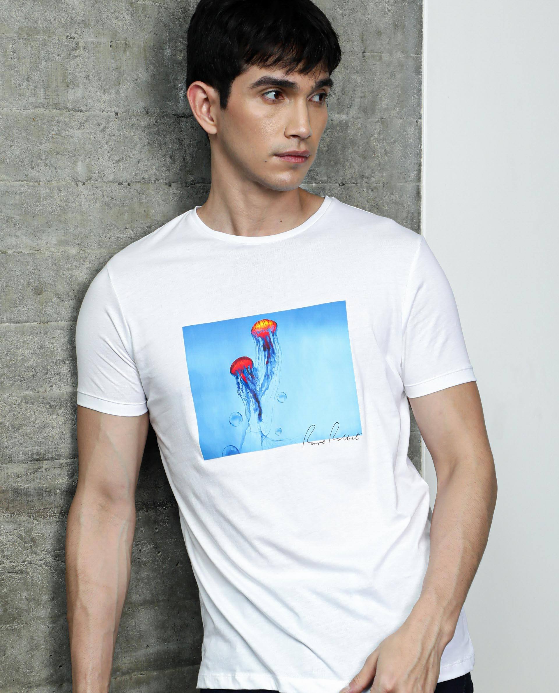 Rare Rabbit Men's Brad White Crew Neck Discharge Graphic Print Half Sleeves Regular Fit T-Shirt