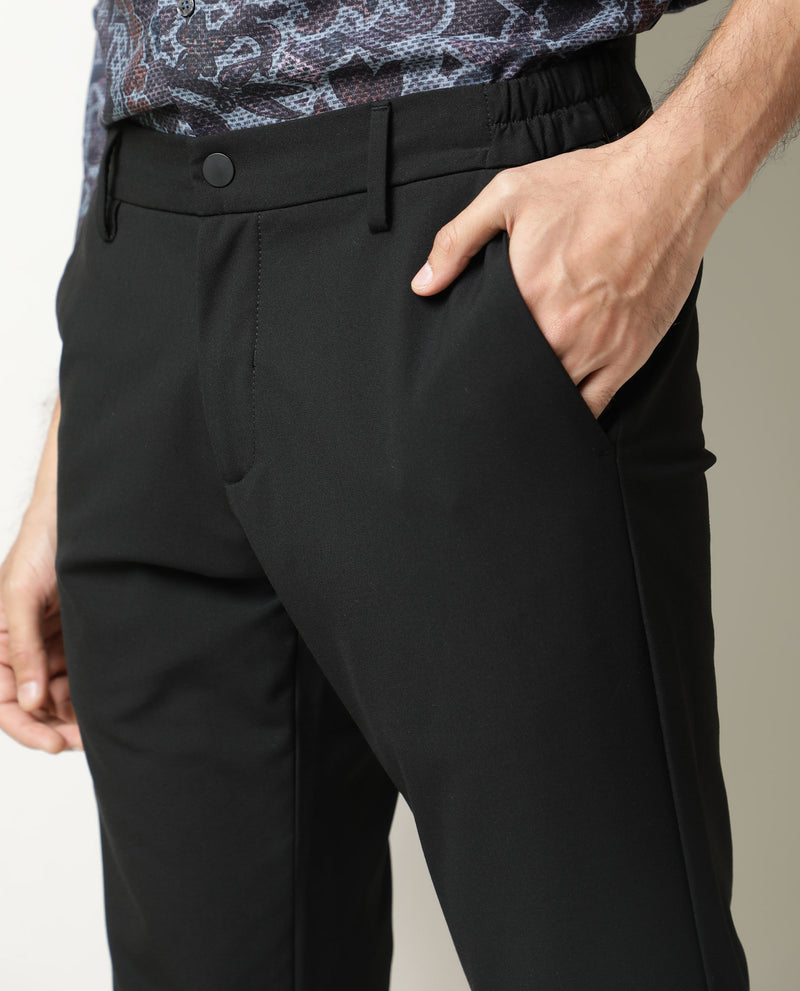 Rare Rabbit Men's Travel-22 Black Solid Button & Zip Closure Slim Fit Trousers