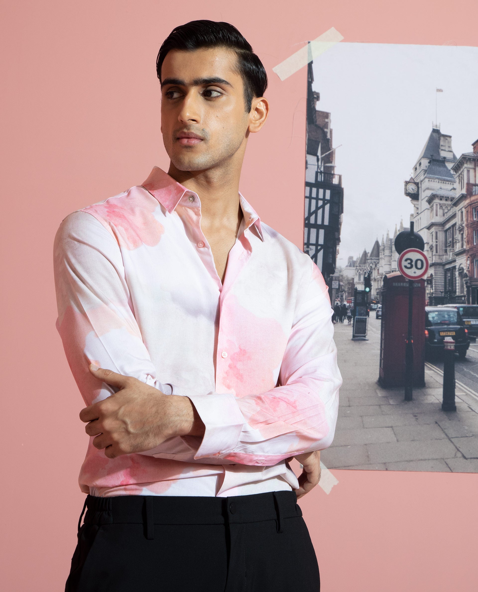 Rare Rabbit Men's Fife Pink Viscose Fabric Full Sleeves Abstract Print Shirt