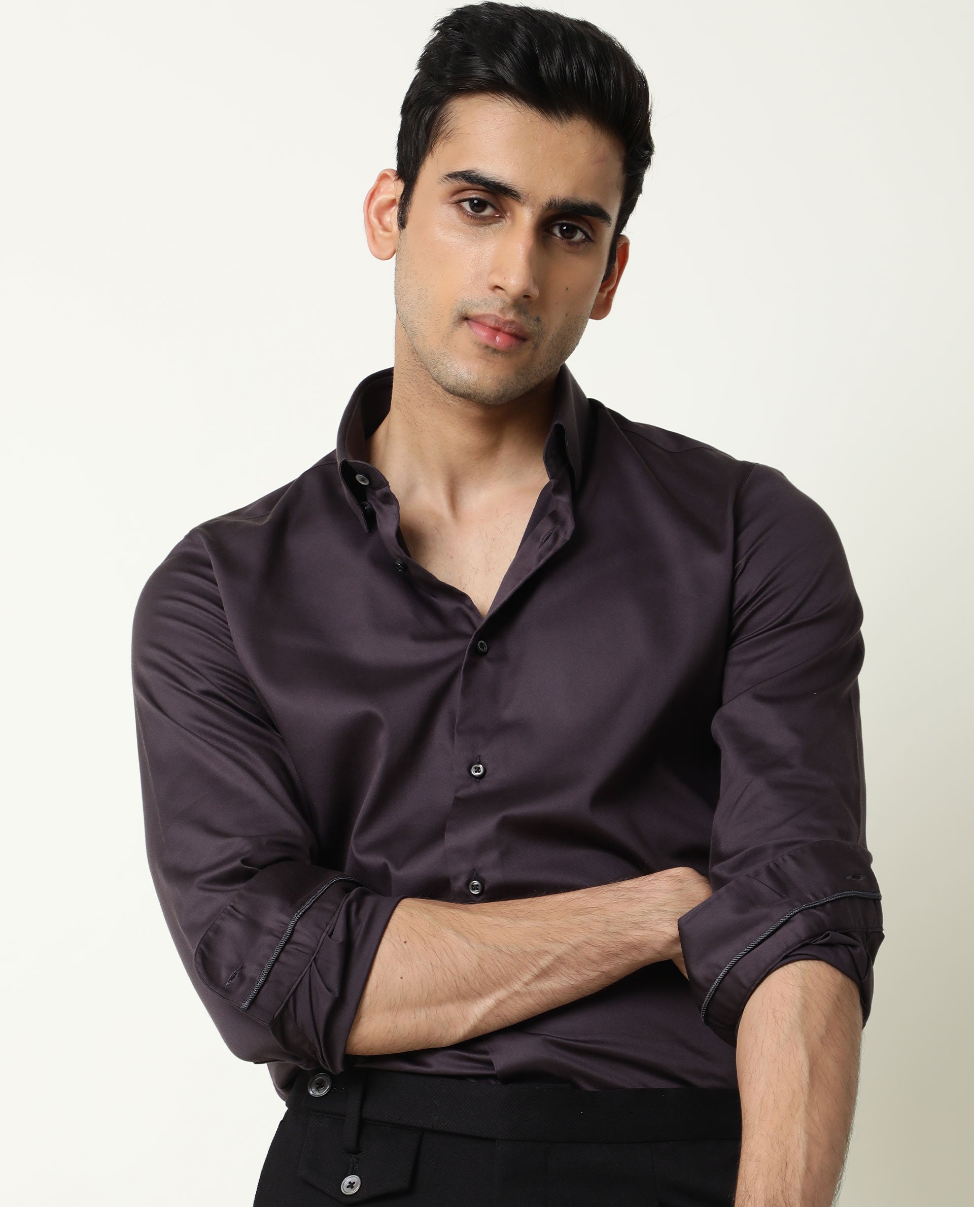 Rare Rabbit Men's Como Purple Satin Fabric Button Down Collar Full Sleeves Solid Formal Shirt