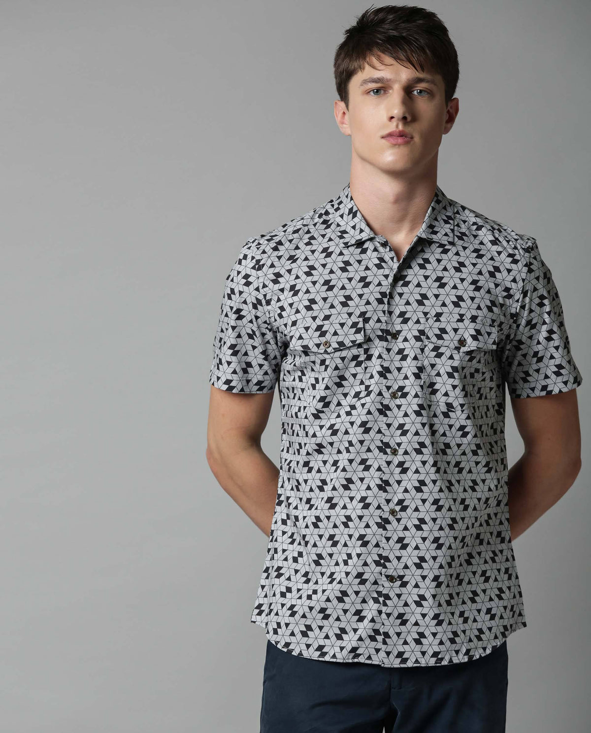 RARE RABBIT MEN'S PUZZLE BLACK SHIRT SHORT SLEEVES PRINT SLIM FIT