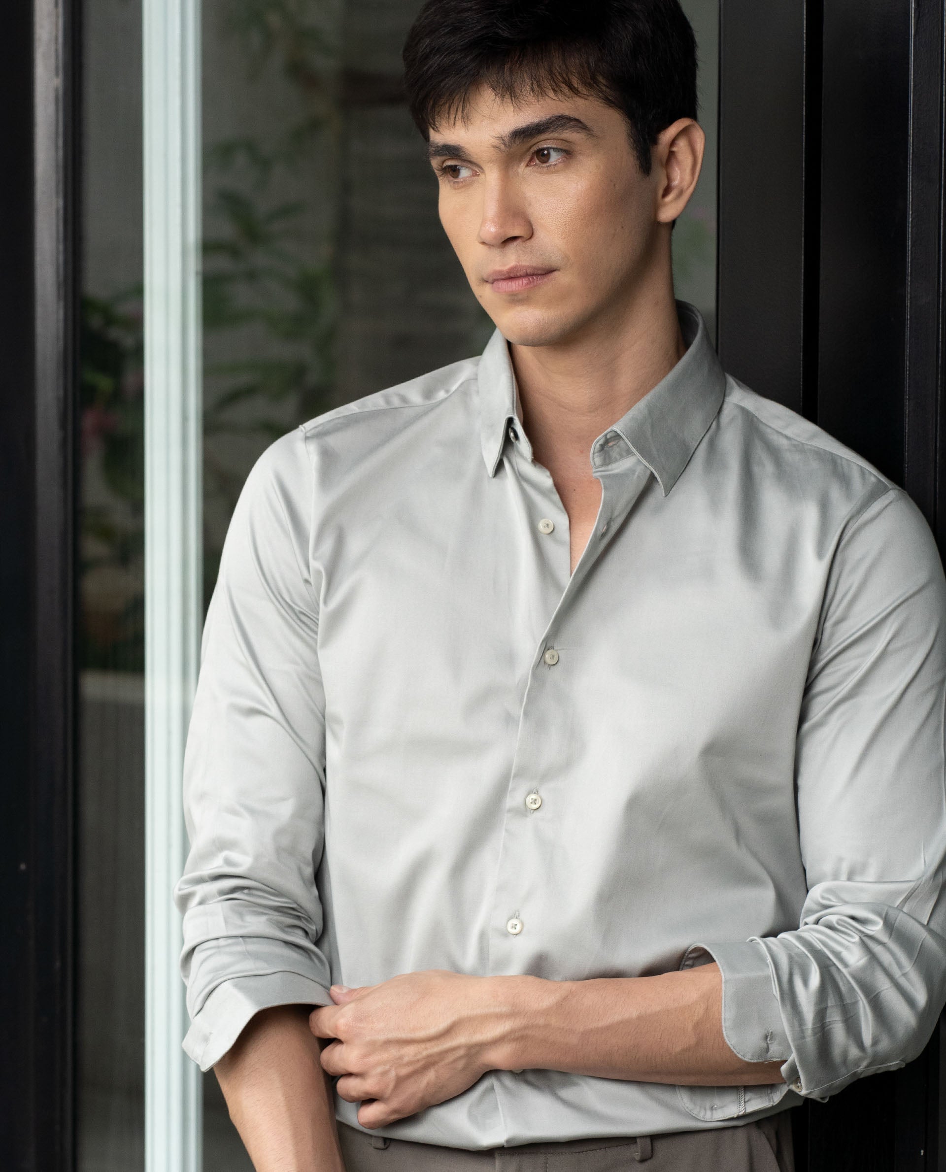 Rare Rabbit Men's Como Grey Satin Fabric Button Down Collar Full Sleeves Solid Formal Shirt