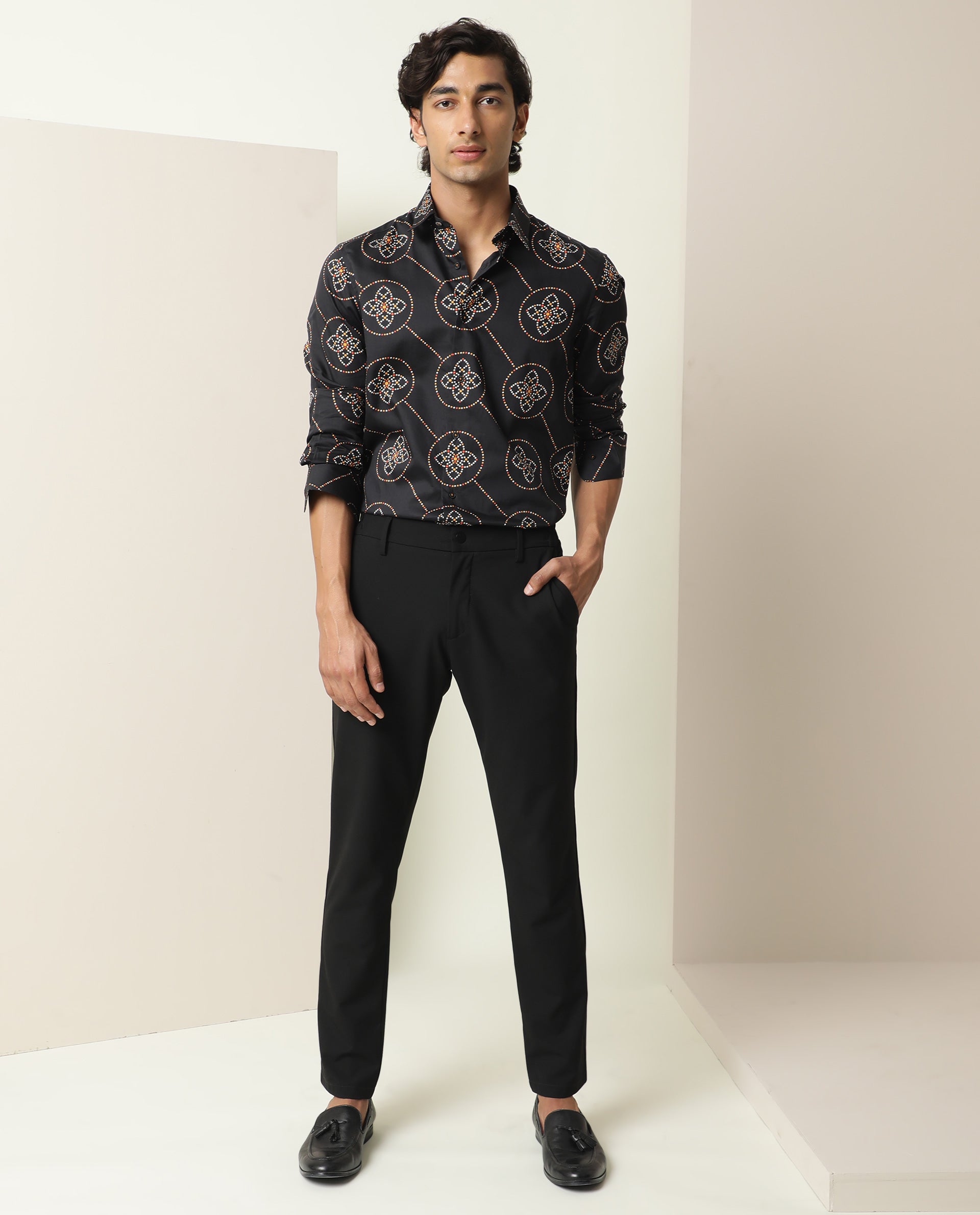 Rare Rabbit Men's Remus Black Cotton Fabric Geometric Print Full Sleeves Shirt