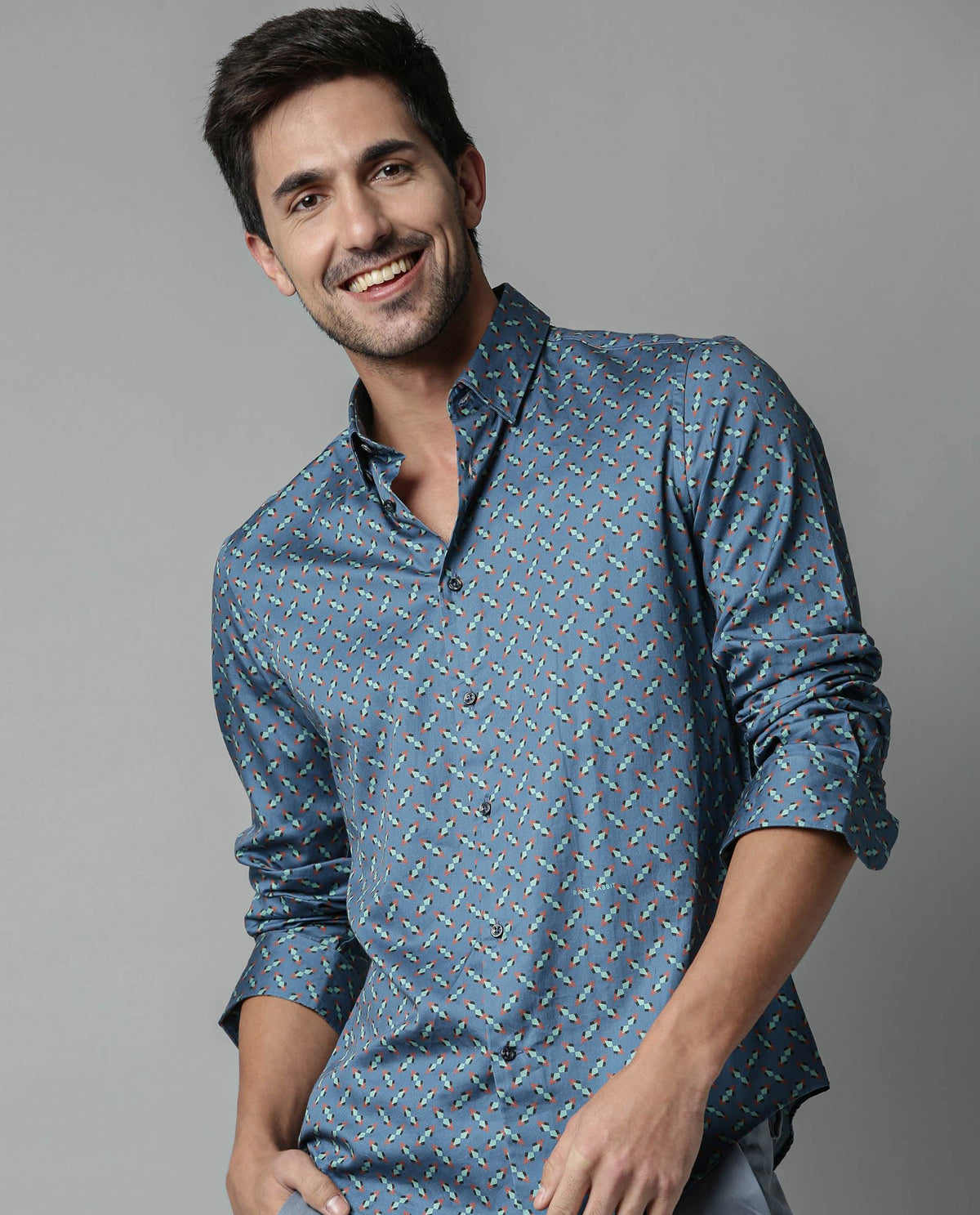 RARE RABBIT MEN'S NIKADO BLUE SHIRT FULL SLEEVES PRINT SLIM FIT