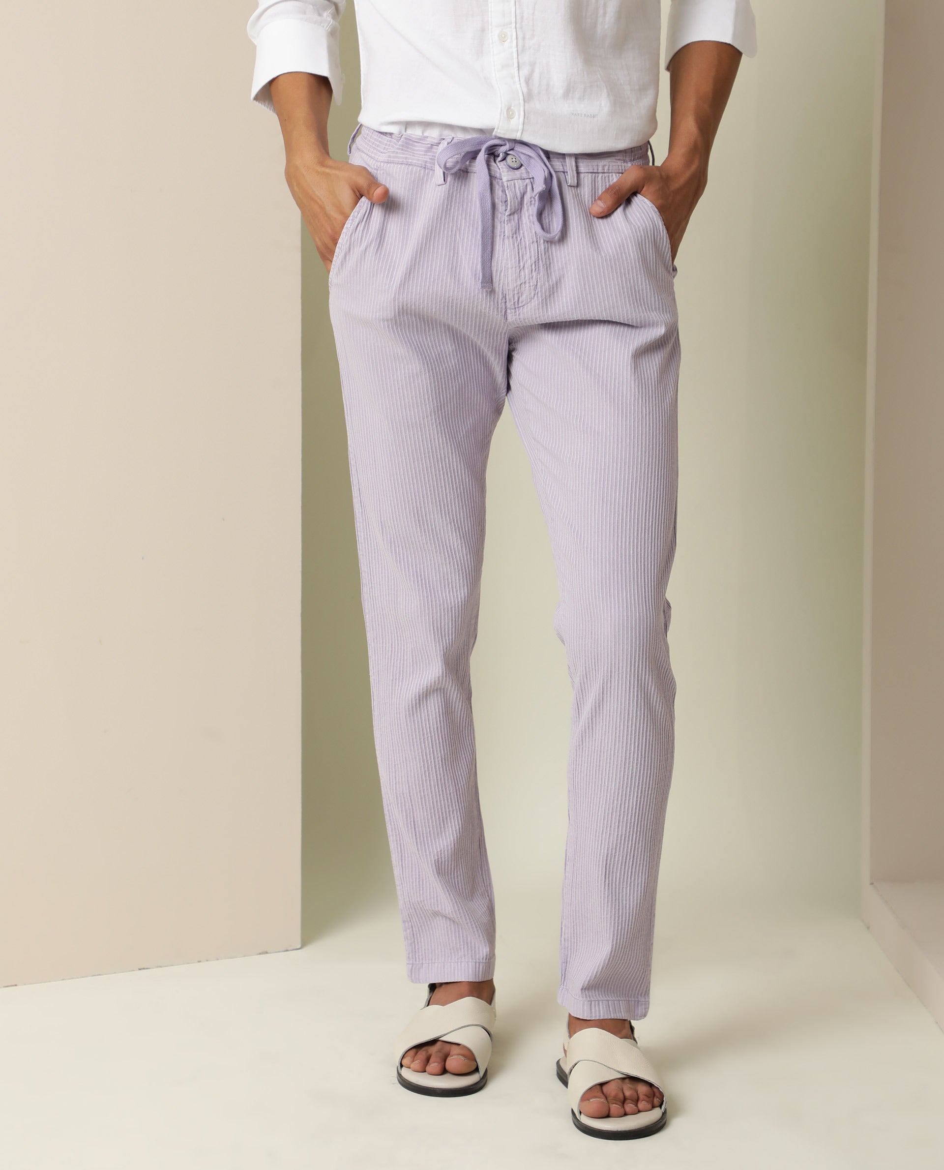 Rare Rabbit Men's Monter Pastel Purple Stripe Dobby Mid-Rise With Drawstring And Elastic Waistband Regular Fit Trouser