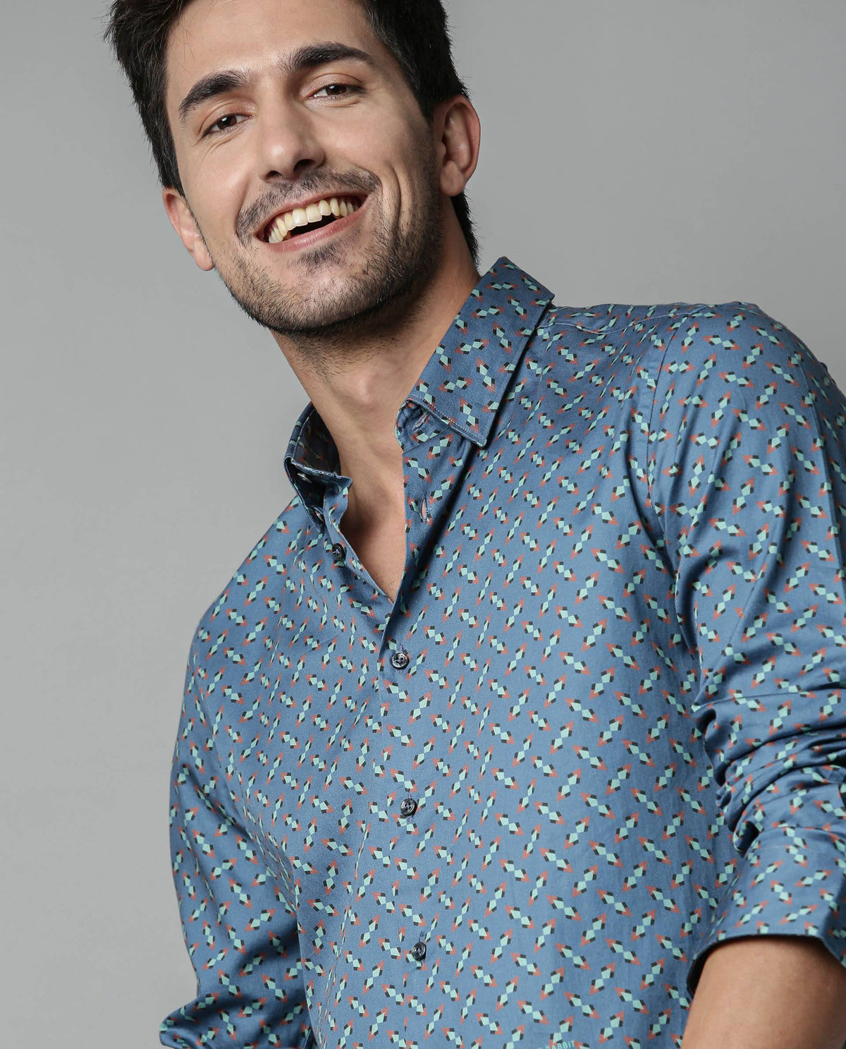 RARE RABBIT MEN'S NIKADO BLUE SHIRT FULL SLEEVES PRINT SLIM FIT