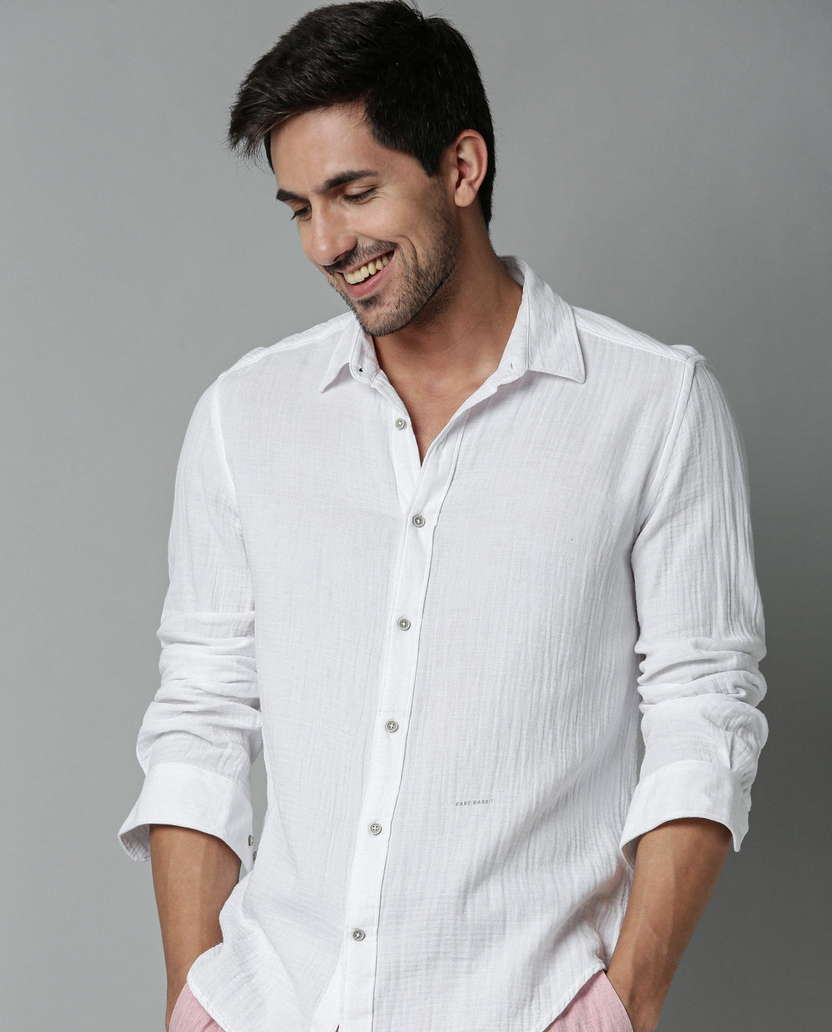 RARE RABBIT MEN'S LAYERR WHITE SHIRT COTTON FABRIC COLLARED NECK FULL SLEEVES BUTTON CLOSURE